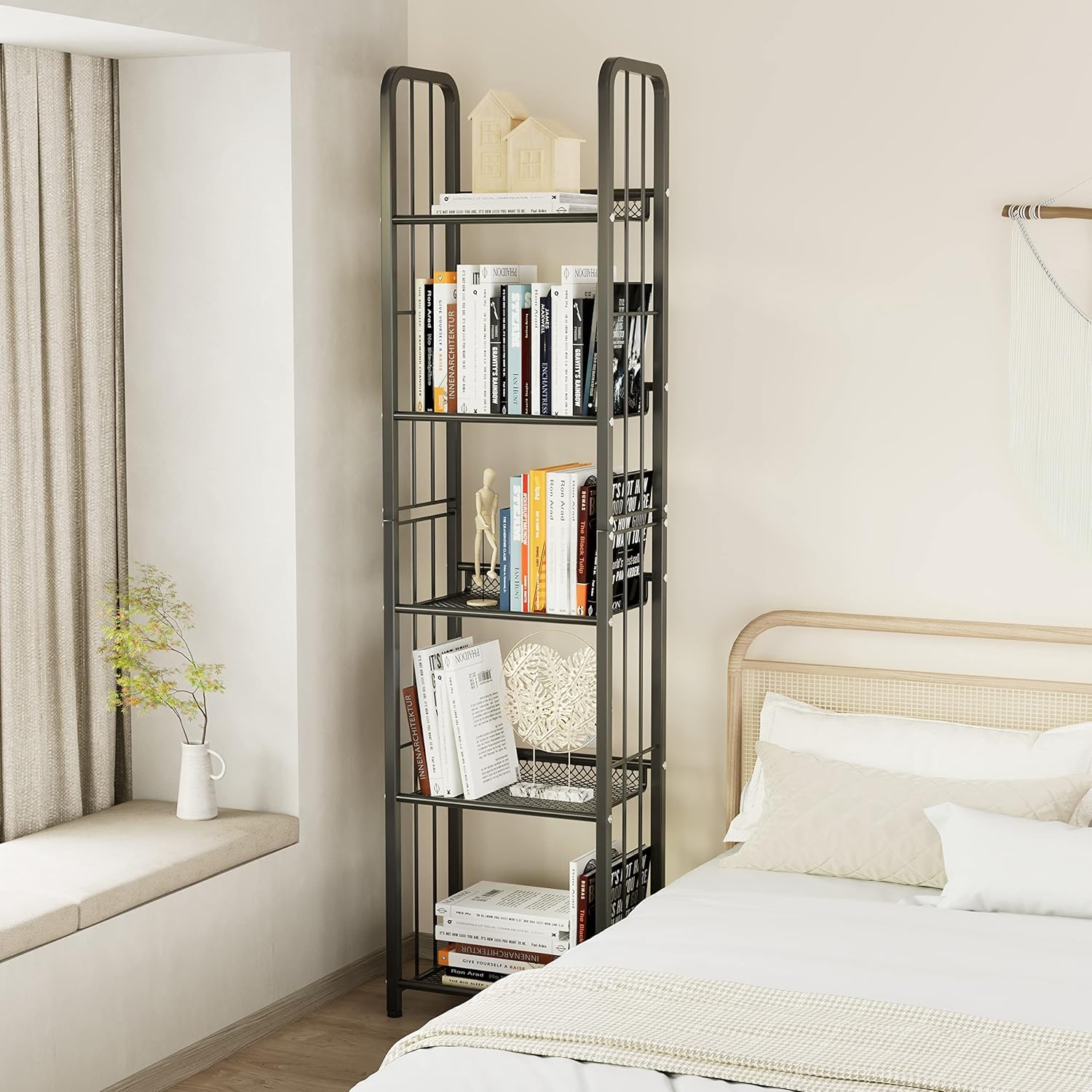 Estantería de 5 niveles, estantería independiente, estantería de oficina, estantería de pie, marco de metal estable, estantería de almacenamiento para salón, dormitorio, oficina, estudio, estilo