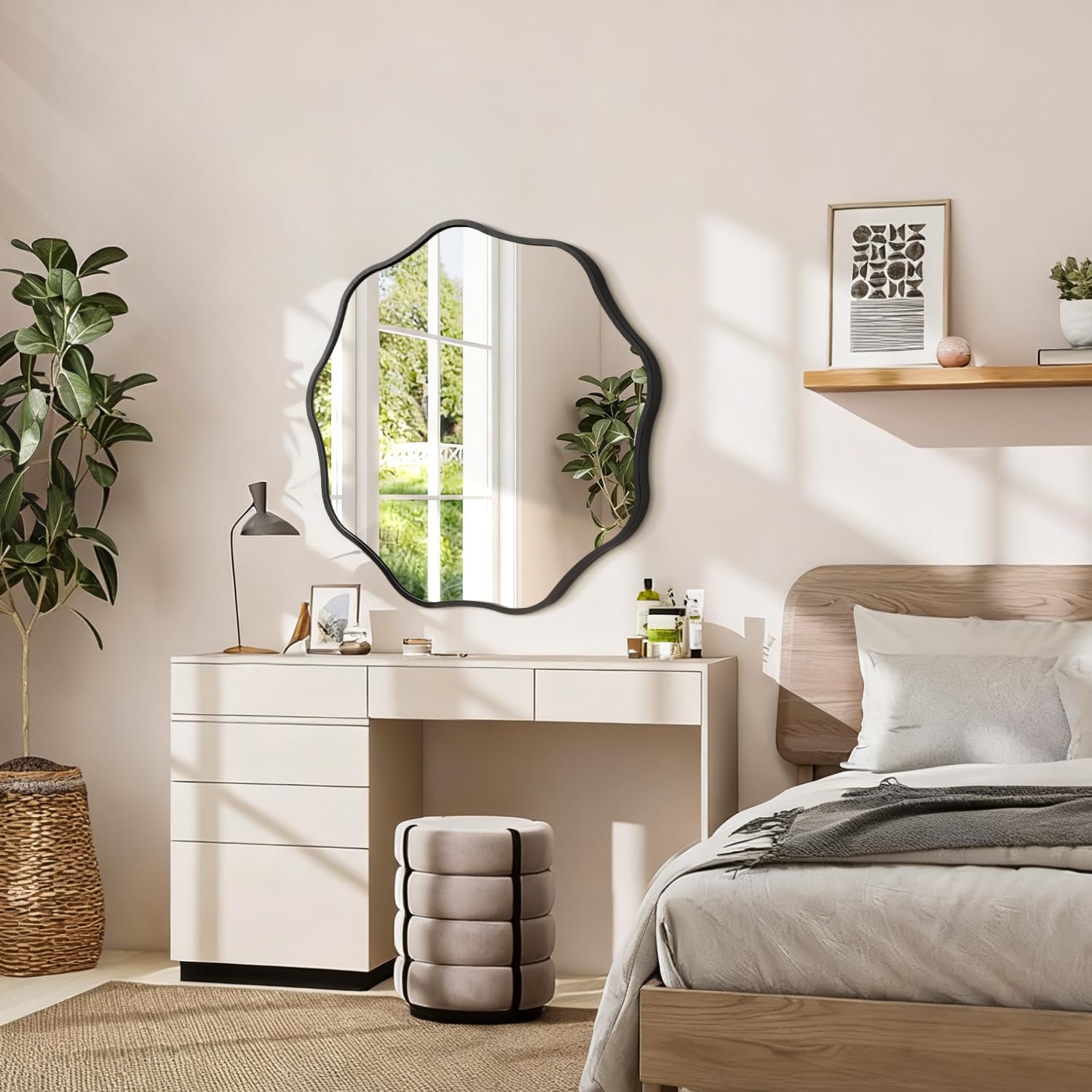 Espejo de pared redondo ondulado negro, espejo decorativo circular de 60 cm con marco de metal moderno para baño, sala de estar, dormitorio, entrada, pasillo, decoración del hogar