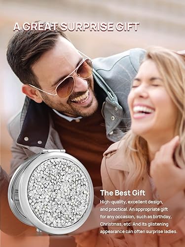 Miniatura 6 de OMIRO Espejo compacto de aumento 1X10X, mini espejo de maquillaje de bolsillo de metal con diamante de mezcla (plata)