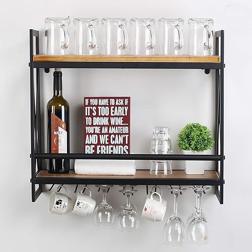 Miniatura 12 de MBQQ: estantes de vino rústicos montados en la pared con soporte para 8 copas, estante de vino industrial de metal colgante de 36 pulgadas, estantes