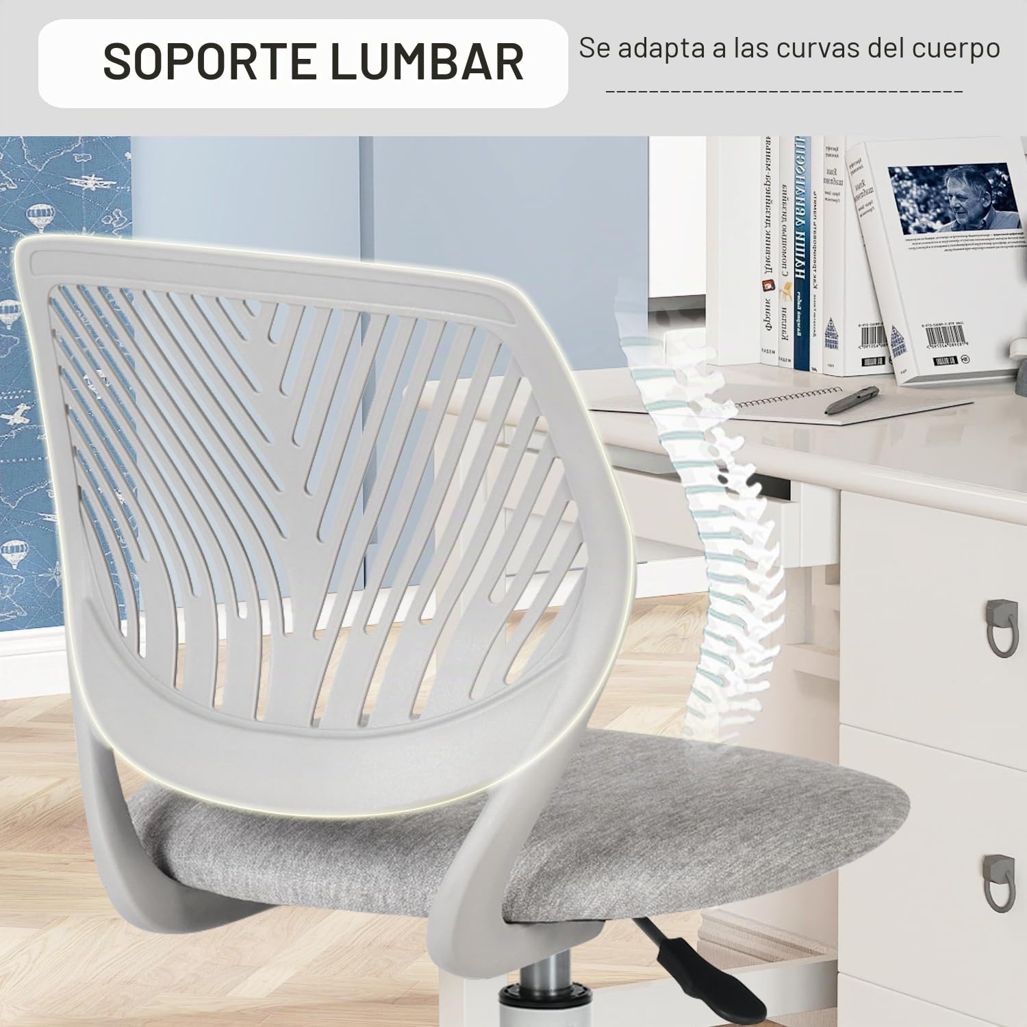 FurnitureR Silla de Escritorio para niños, Silla giratoria de Altura Ajustable con diseño de Respaldo de Agujero pequeño, Adecuada para Dormitorio de niños o Sala de Estudio, Gris molandi, 38 x 39 x