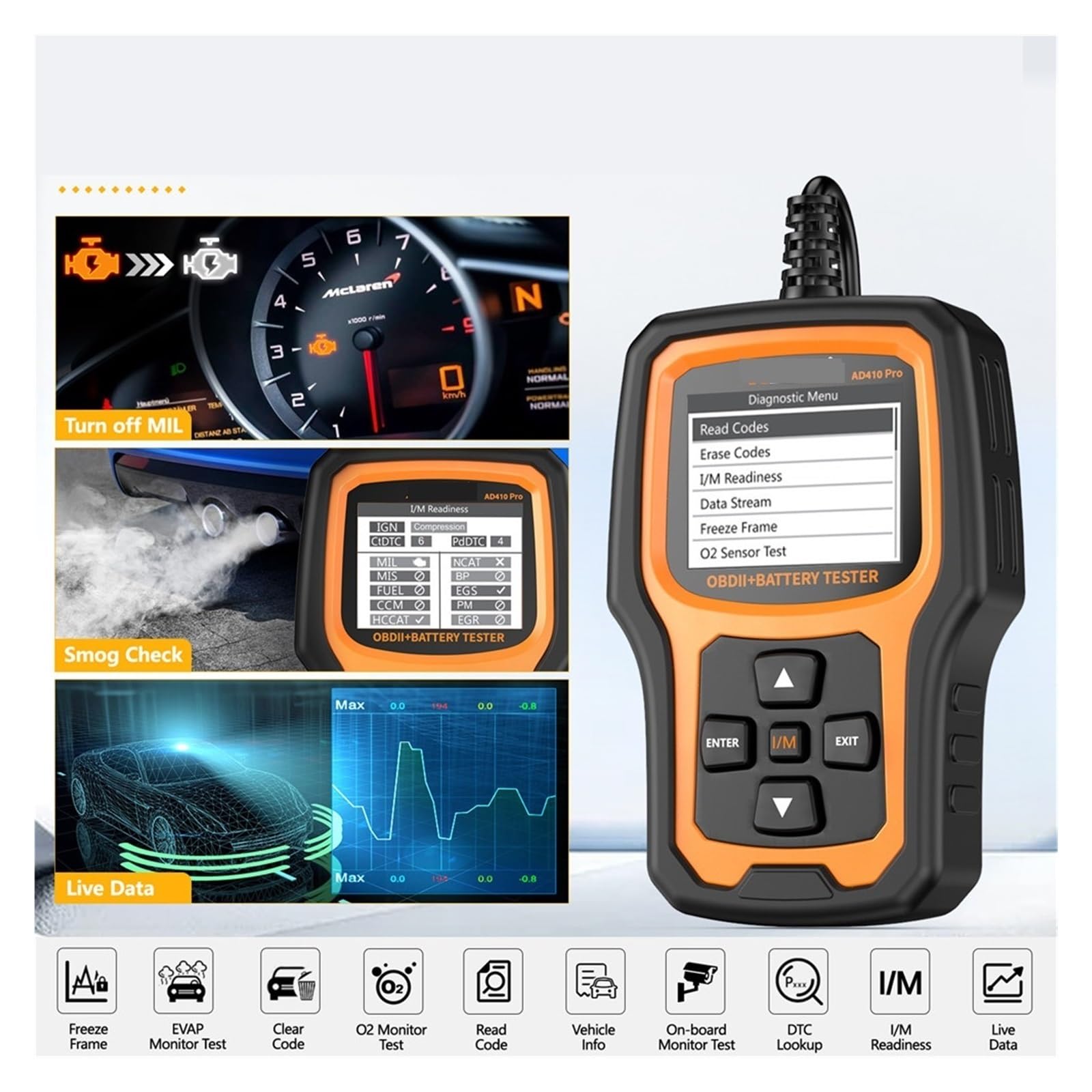 probador de batería, Escáner AD410 con comprobador automático de batería, luz verificación del motor, código arranque, herramienta análisis carga