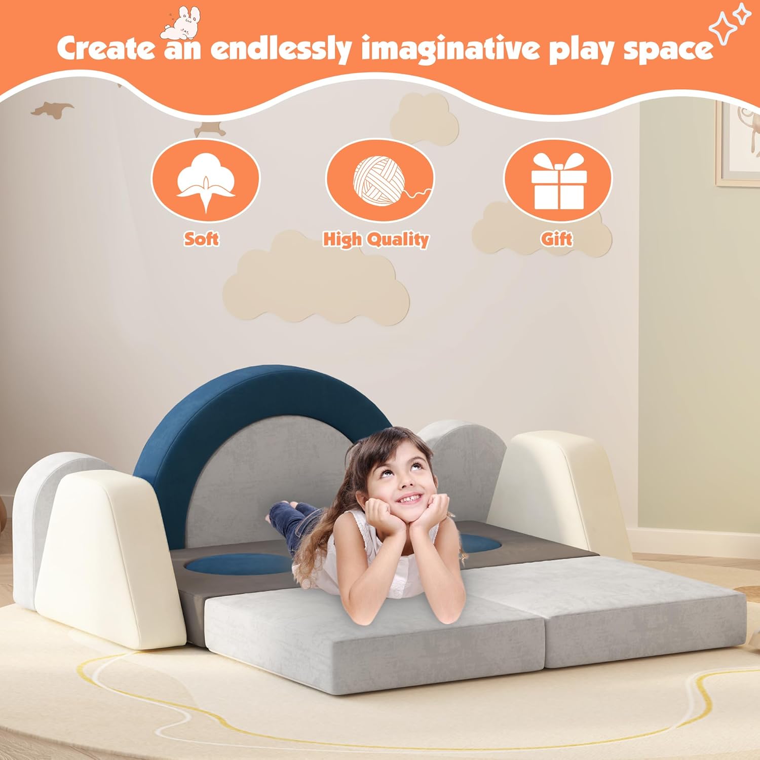12 PCS Modular Kids Play Block Couch Child Sectional Soft Sofa Toddler Building Fortplay Climbing Bedroom Playroom Baby Convertible Floor Foam Cushion for Boys & Girls (Blue+Grey+Beige)