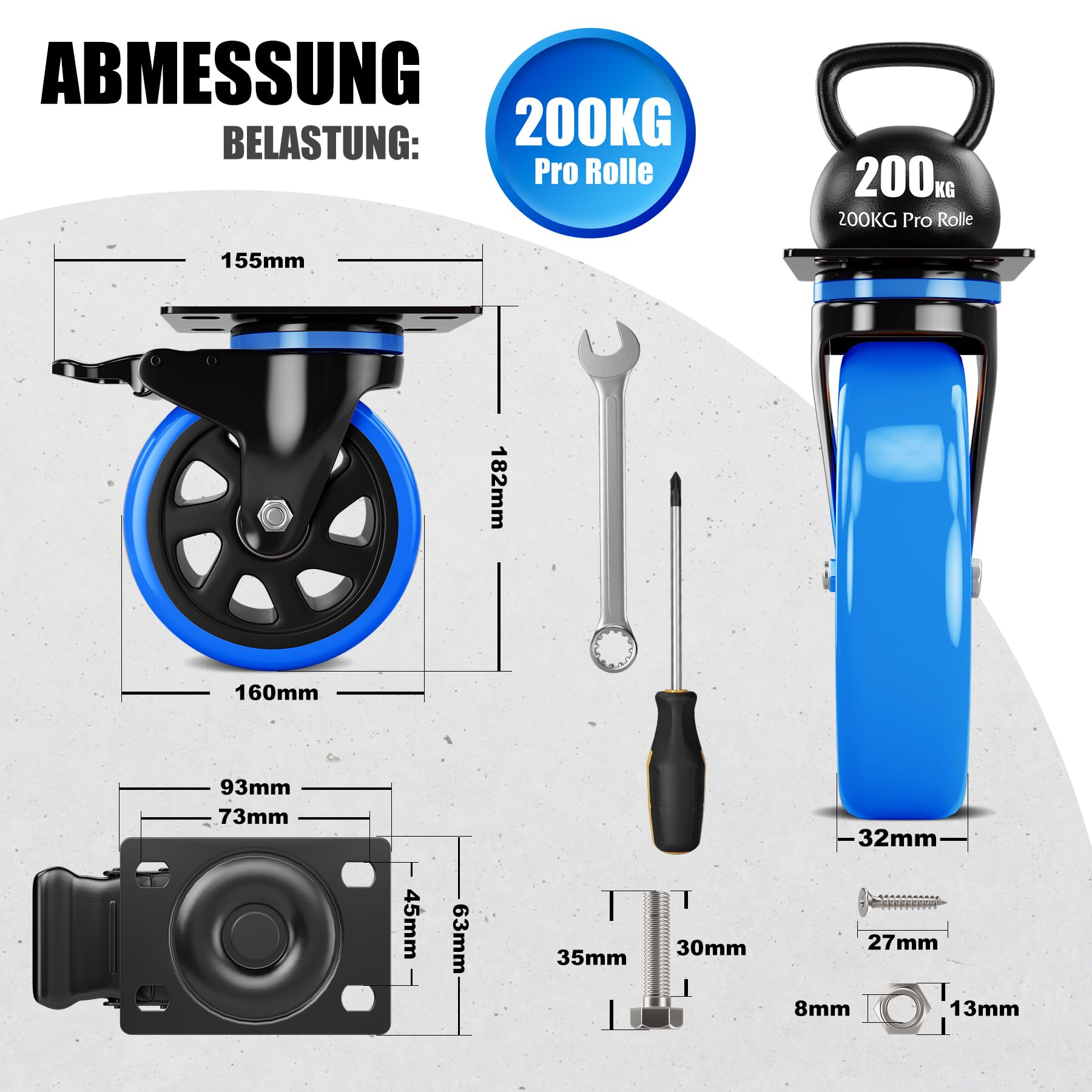 Schwerlastrollen 160mm Lenkrollen bis zu 800KG Tragbarkeit 360° Drehung für Möbeltransport & Industrietransport Schwarz-Blau