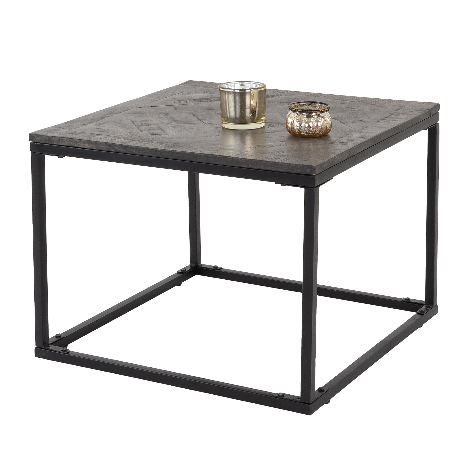 Tavolino Basso da Caffè 60 x 60 cm Quadrato Grigio Legno Massello di Mango Naturale Tavolo da Divano per Soggiorno Struttura in Metallo Nero da Salotto Fatto a Mano