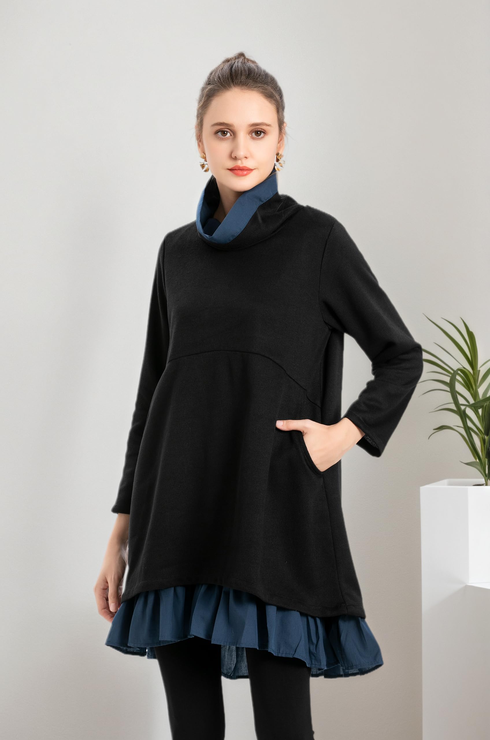 Minibee Damska bluza oversize, sukienka z golfem, z długim rękawem, tunika, topy, sukienki swingowe z kieszeniami