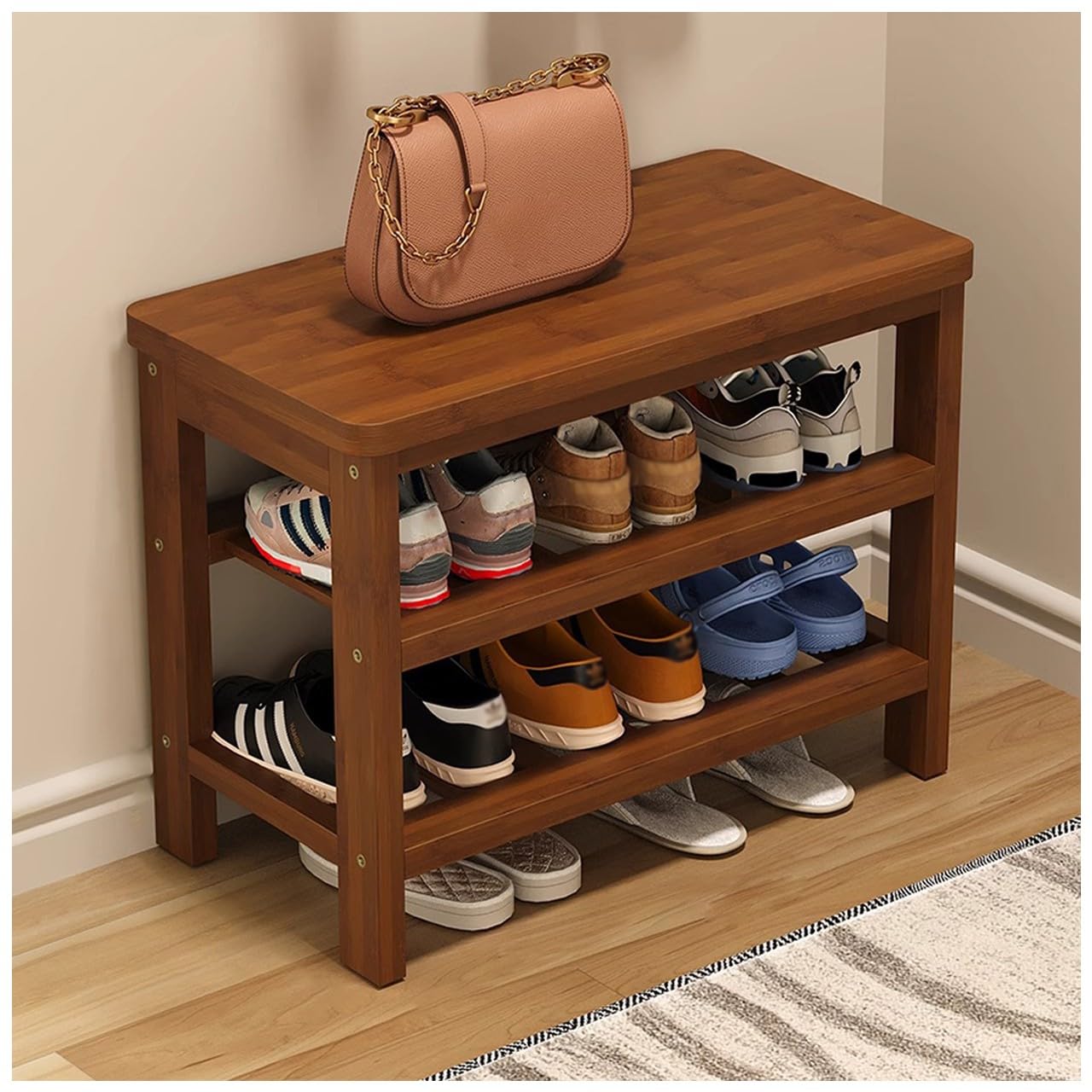Banc de rangement chaussures avec support 2 niveaux pour meuble entrée et gain de place pratique