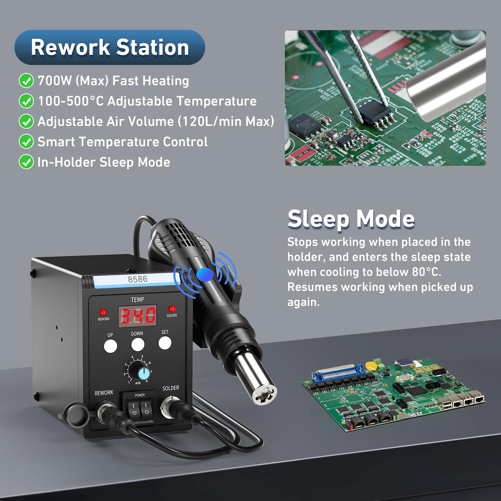 Estacion de Soldadura, 2 EN 1 Soldador Aire Caliente y Soldador Estaño con Control de Temperatura Preciso, Pantalla LED, Estacion Soldadura para Electrónicos, Proyectos de bricolaje, Reparación