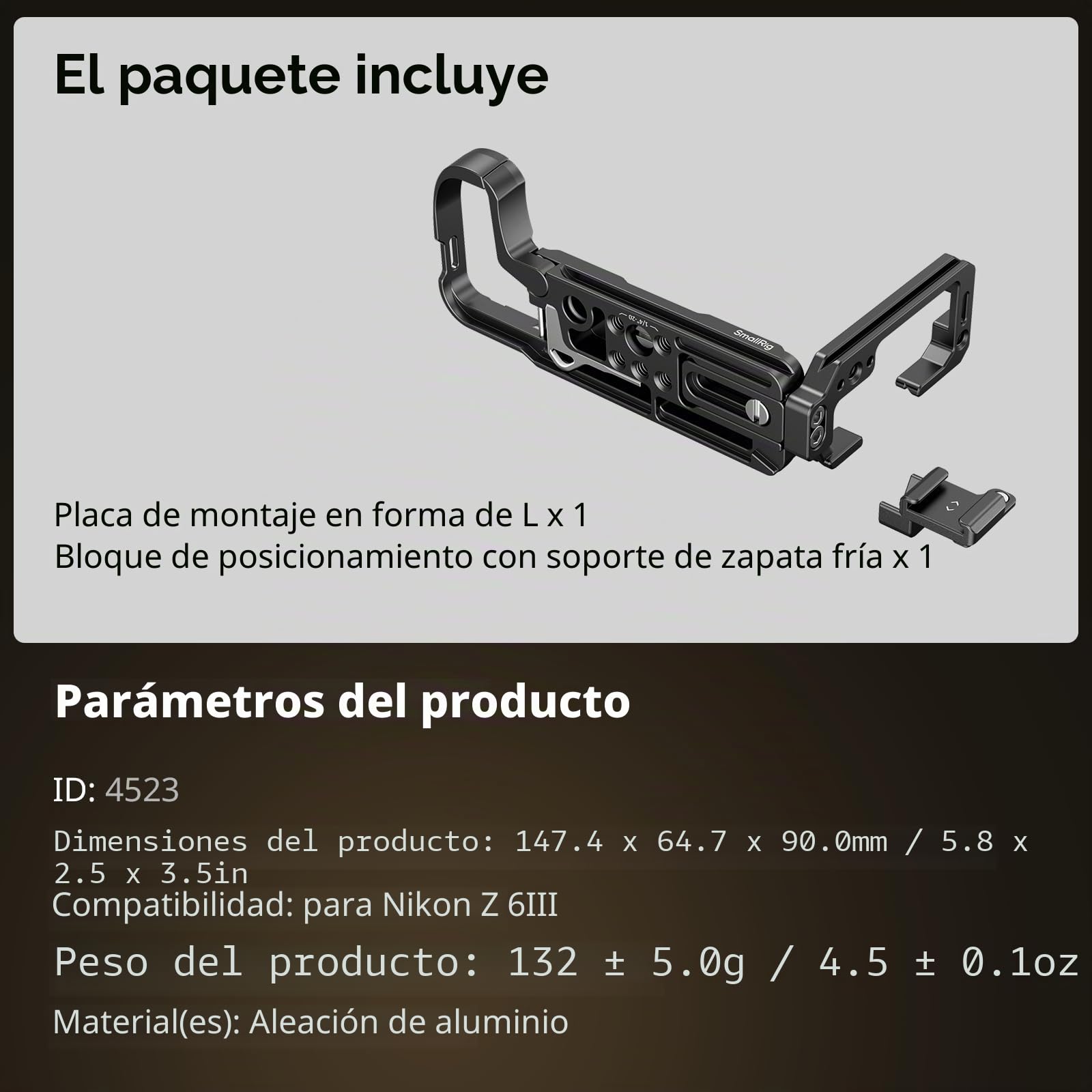 SMALLRIG L Bracket para Nikon Z 6III, Placa L Plate para Arca-Swiss, con Orificios Roscados de 1/4"-20, Conector QD, Montaje de Zapata Fría - 4523