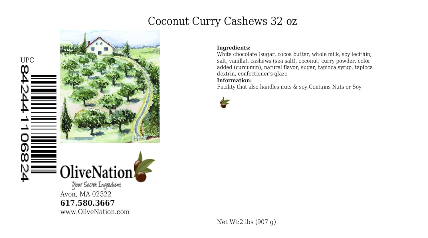 OliveNation Coconut Curry Cashews, Dry Roasted Cashew Nuts in White Chocolate, Coconut, and Curry Coating - 32 ounces