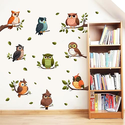 DEIKOKA Calcomanías de pared con diseño de búho, pájaros en ramas de árbol, autoadhesivas, extraíbles, para pared de niños, dormitorio, sala de