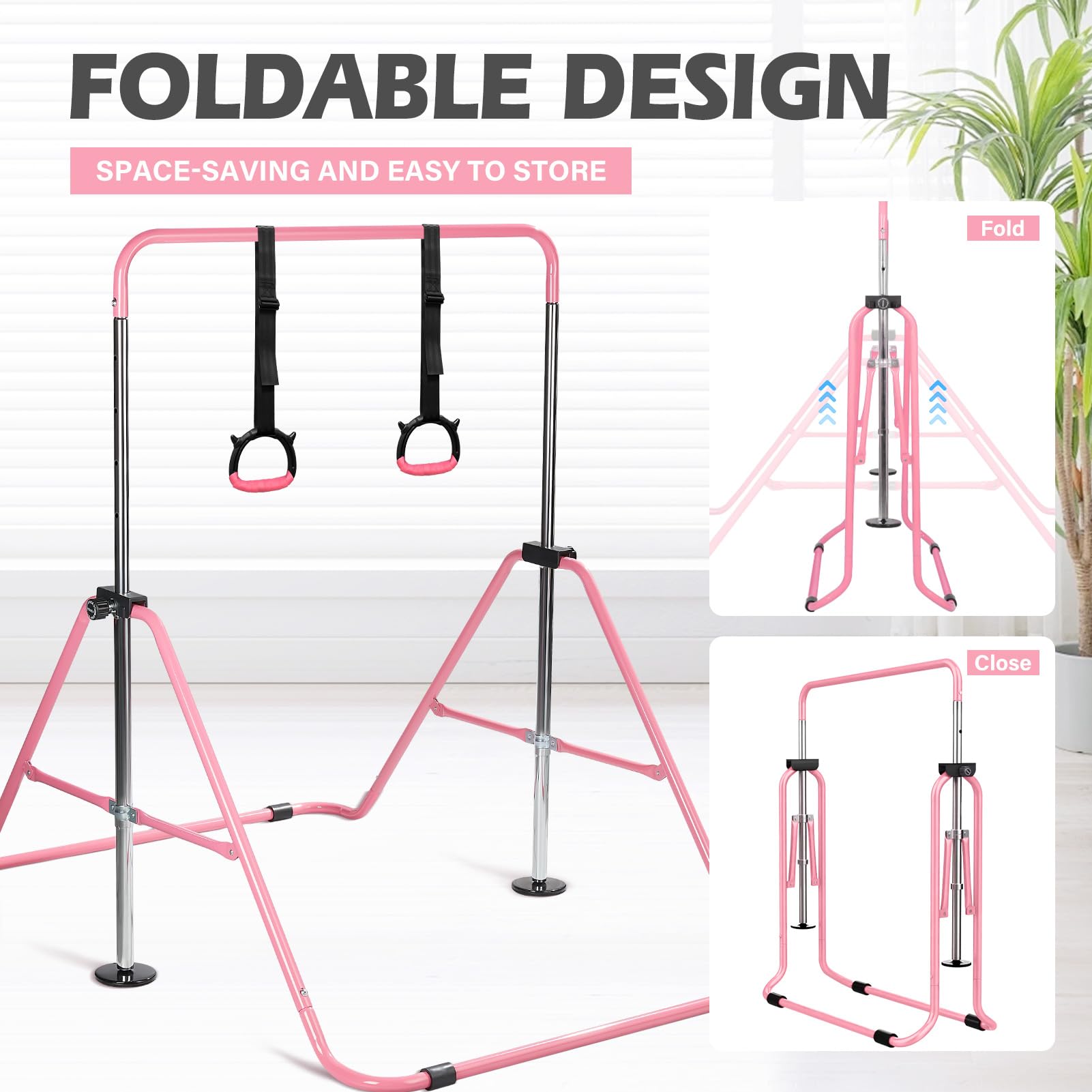Barra de Gimnasia para Niños Plegable: Barra Horizontal Ajustable en Altura 91-132 cm con Anillas - Equipo de Gimnasia para Casa, Interior Exterior para Niños y Niñas
