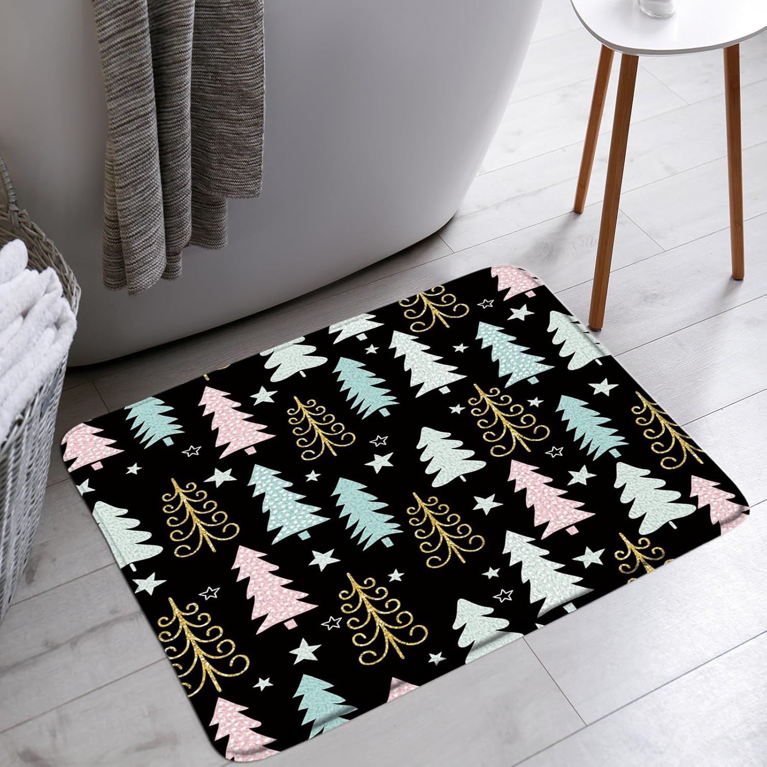 Merry Christmas Bath Mat Christmas Tree Star Blue Pink Cartoon New Year Winter Holiday Bathroom Bathtub Floor Rugs Doormat Toilet Decor,24 x 60 in