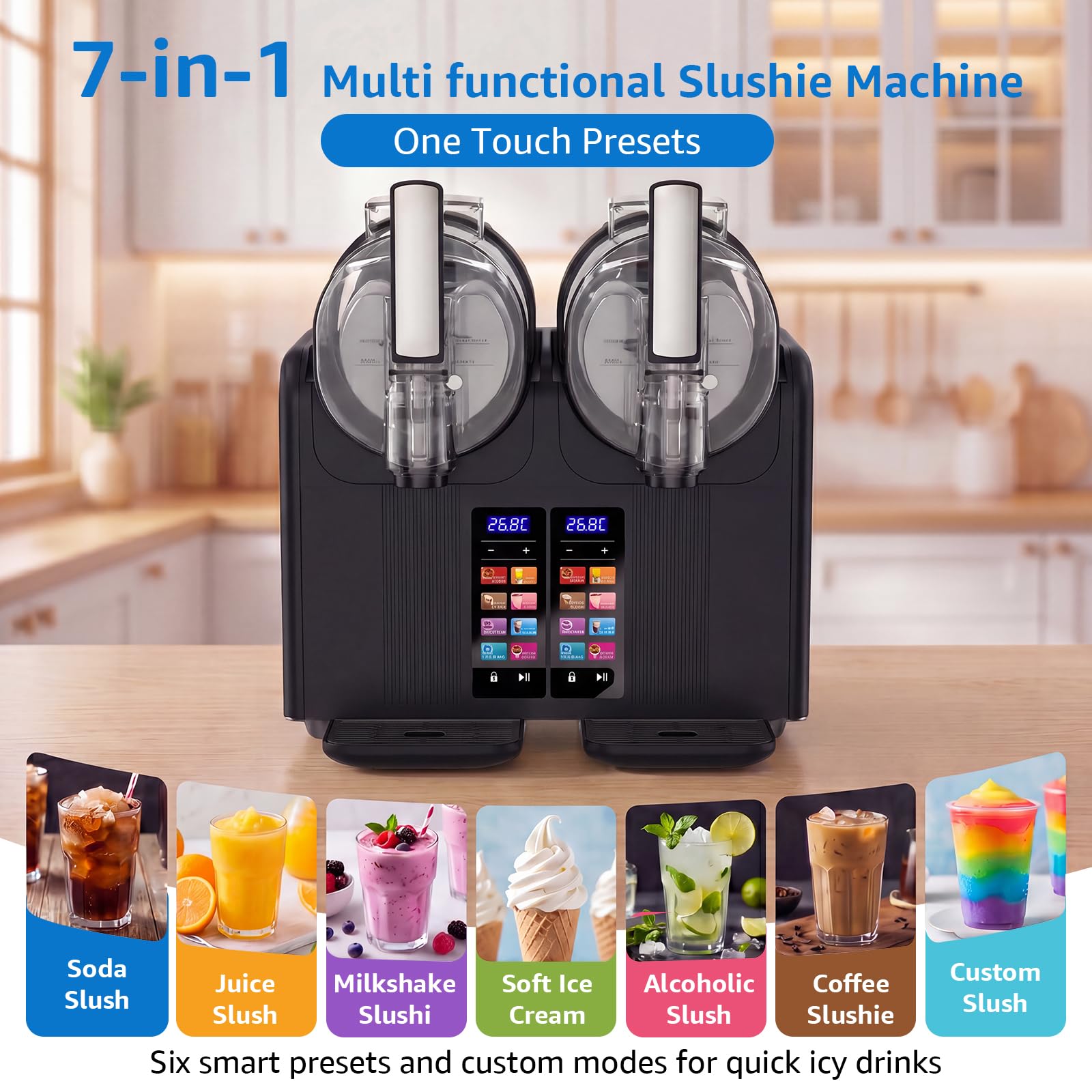 Macchina per Granita Slushie Machine 2 x 2L, Granitore per Granite Professionale Macchina per Granite da Casa Sorbettiera Macchina per Bevande Ghiacciate con 7 Programmi, per Gelato, Frappè, Milkshake