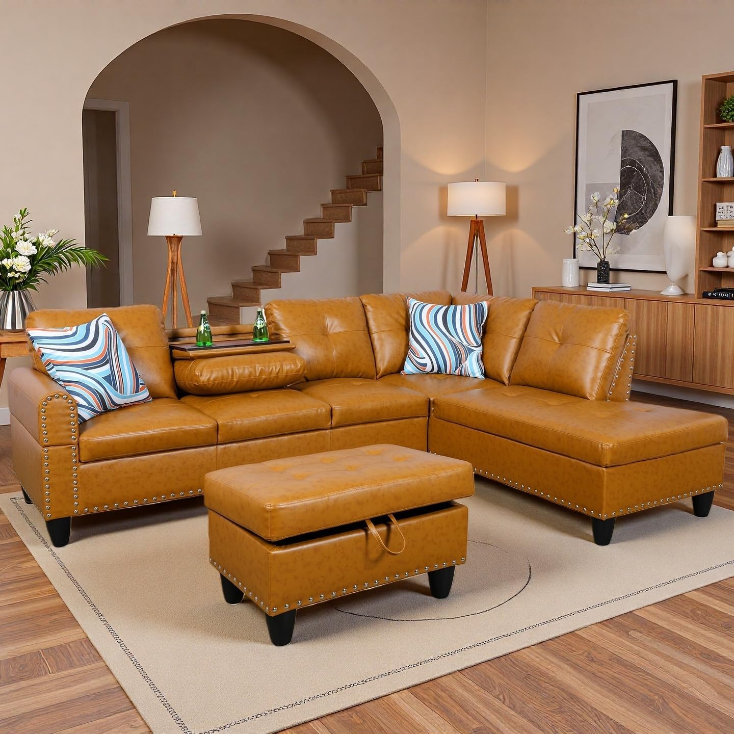 97.5" L Shaped Couch Set, Modular Sectional Couches for Living Room with Storage Ottoman, 4 Seat Home Sofa Living Room Furniture Sets with Chaise for Apartment (Leather, Ginger Yellow)