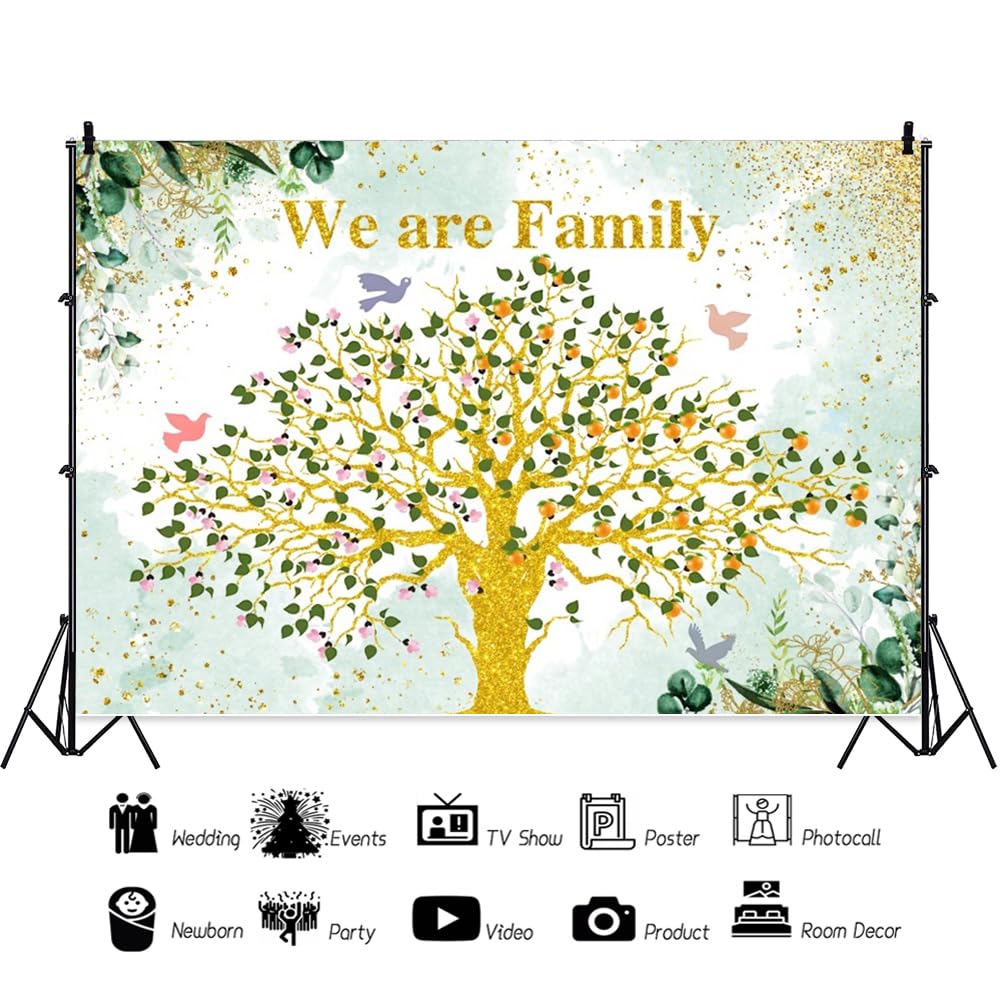 Family Reunion - Fondale con albero genealogico dorato, 3 x 2,1 m, glitter oro, vinile, occasioni versatili