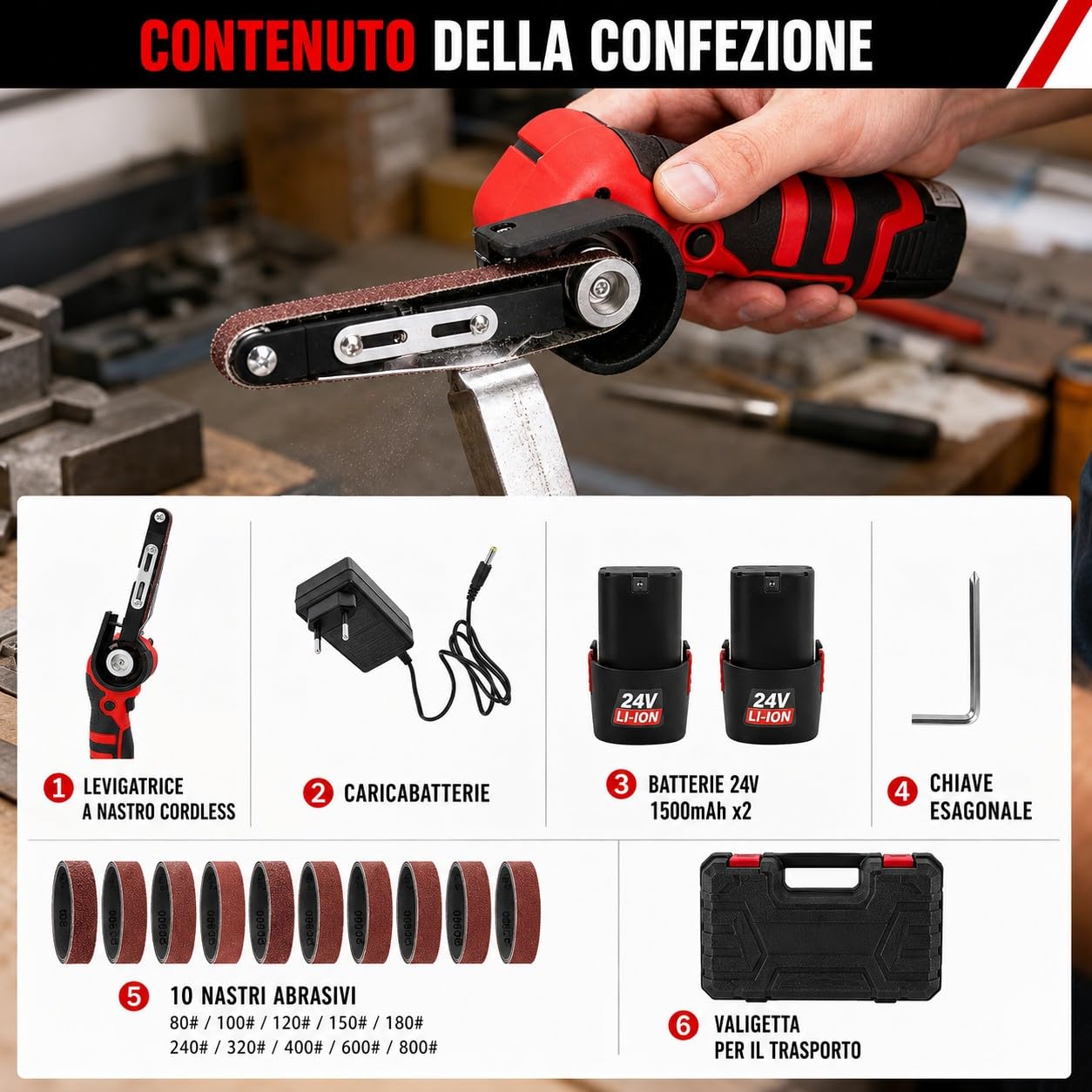 Mini Levigatrice a Nastro a Batteria 24V 10x330mm 360° con 2 Batterie 10 Nastri Abrasivi per Metallo Legno