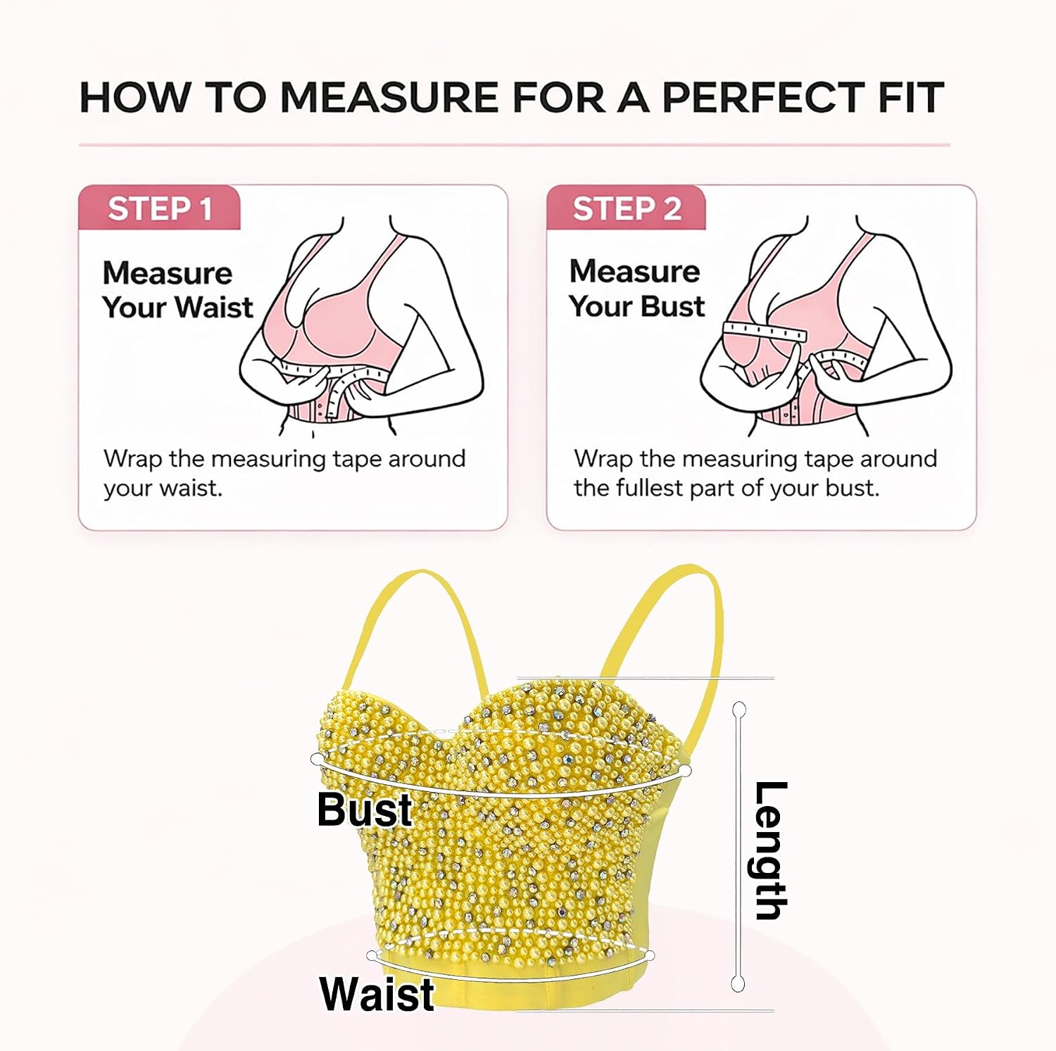 ELLACCI Sexy Pearls Beaded Rhinestone Bustier Crop Top Push up Corset Top with Detachable Straps Yellow