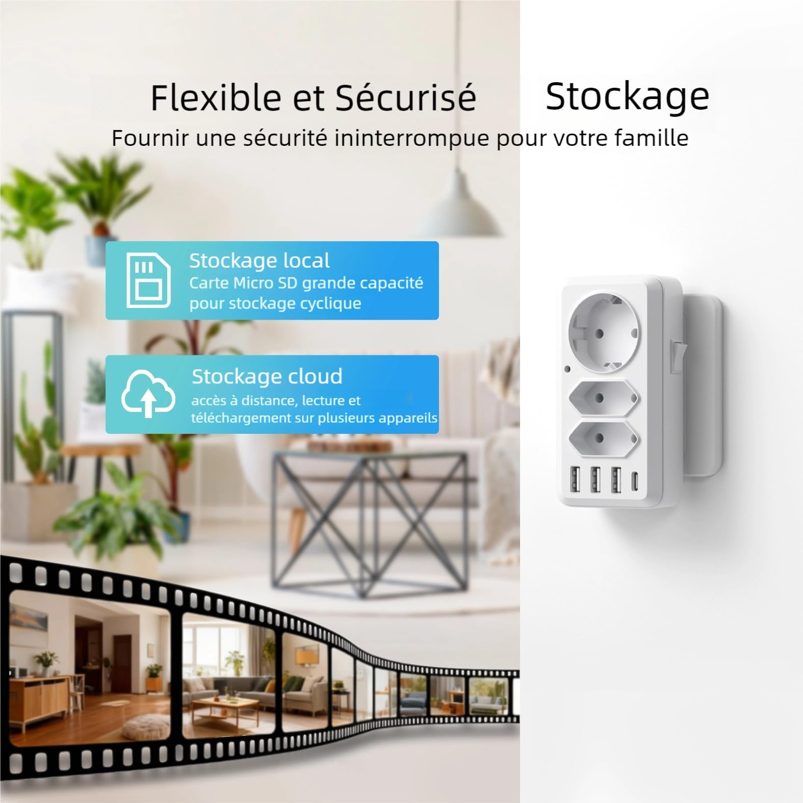 Enchufe multifuncional WiFi cámara. Lente 4K UHD Visualización remota a través de la aplicación, Almacenamiento en tarjeta SD. Toma eléctrica ideal para interiores o viajes (sin audio)