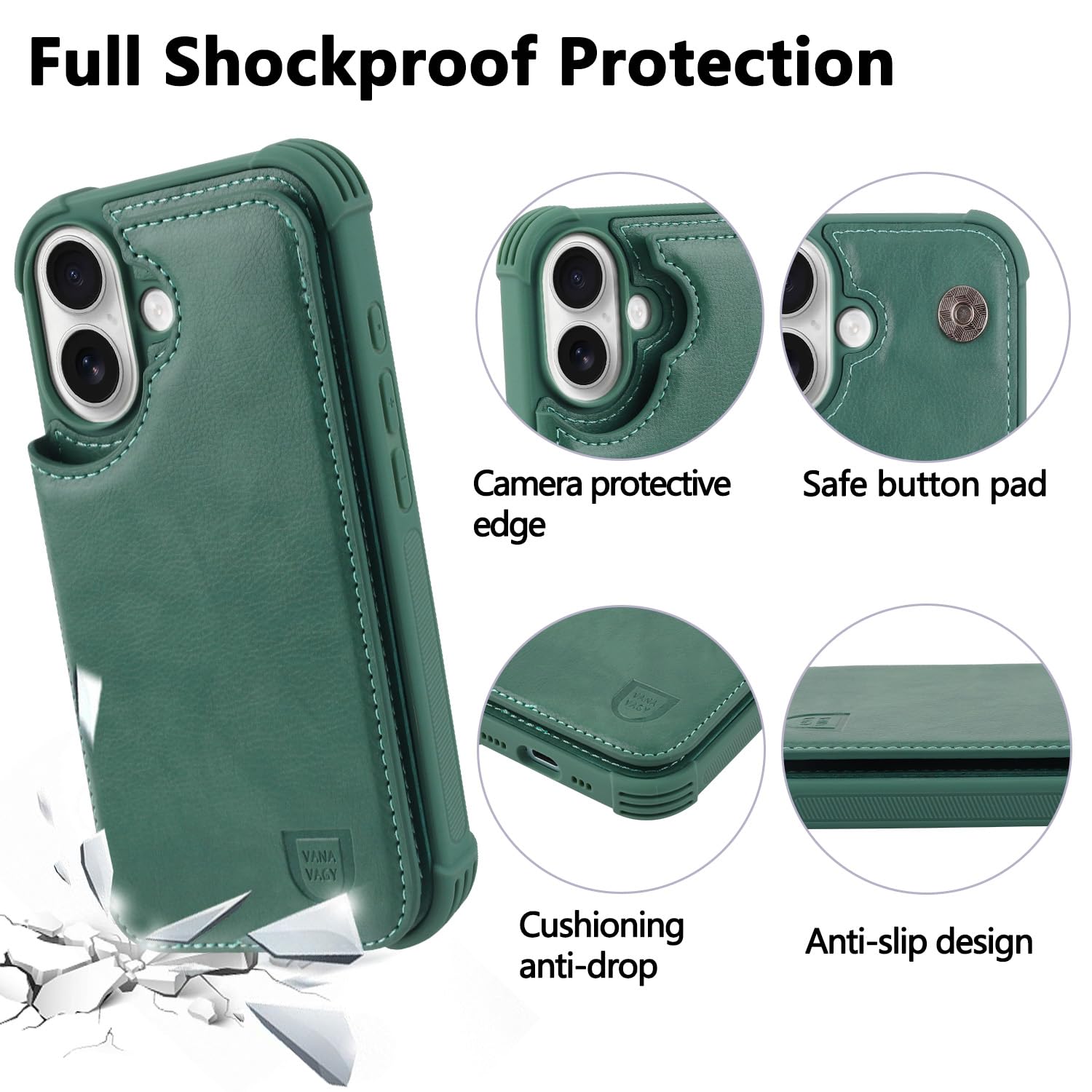 VANAVAGY Compatible for iPhone 16 Wallet Case with Credit Card Holder,Rfid Block Leather Flip Folio Phone Cover Fits Magnetic Car Mount and Stand with Screen Camera Protector,Forest Green - Image 4