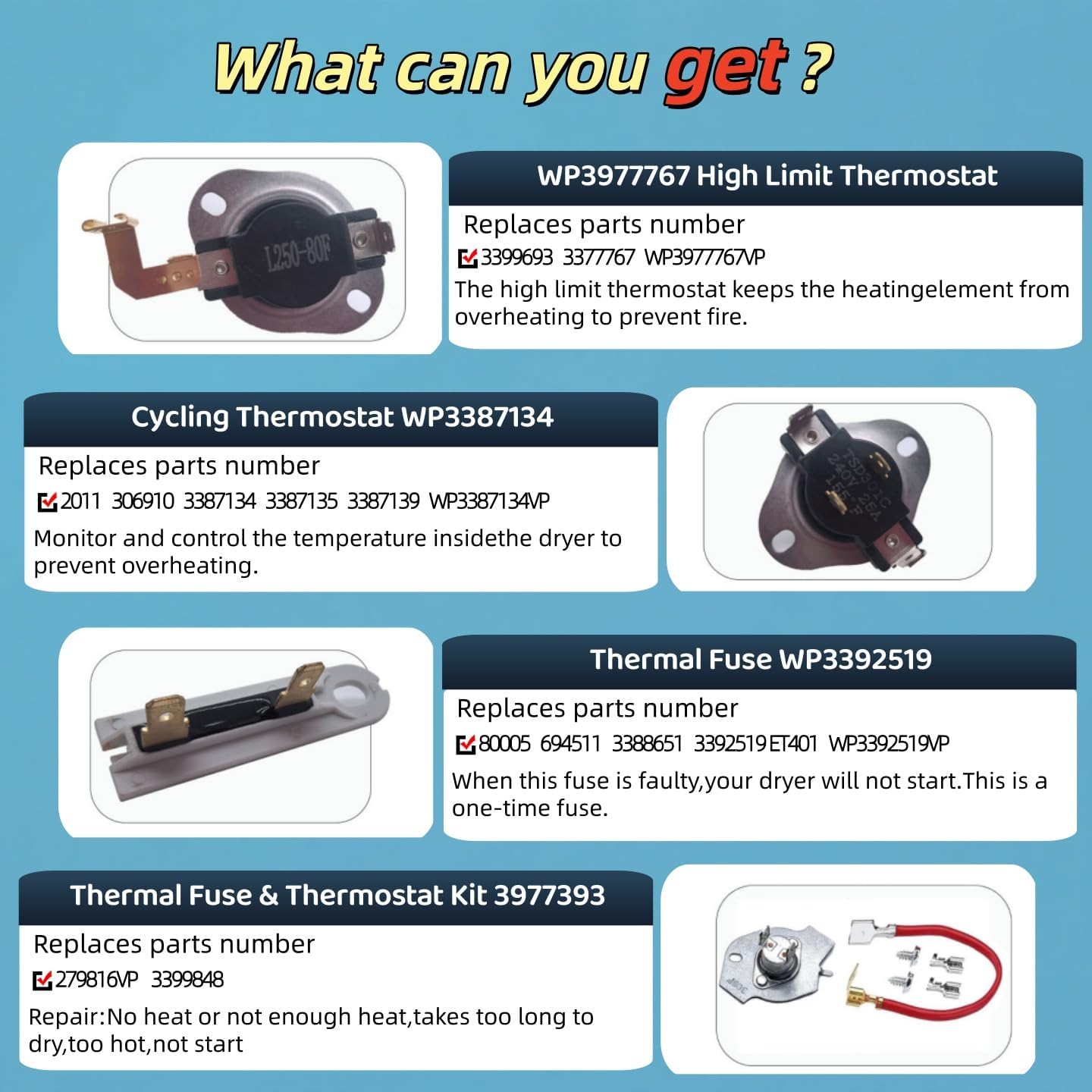 Upgrade 279838 for Whirlpool Kenmore Roper Maytag Amana Admiral Dryer Heating Element - Dryer Heating Element - Thermostat Thermal Fuse-medx655dw1 500 600 70 80 Series Model 110 Dryer Parts