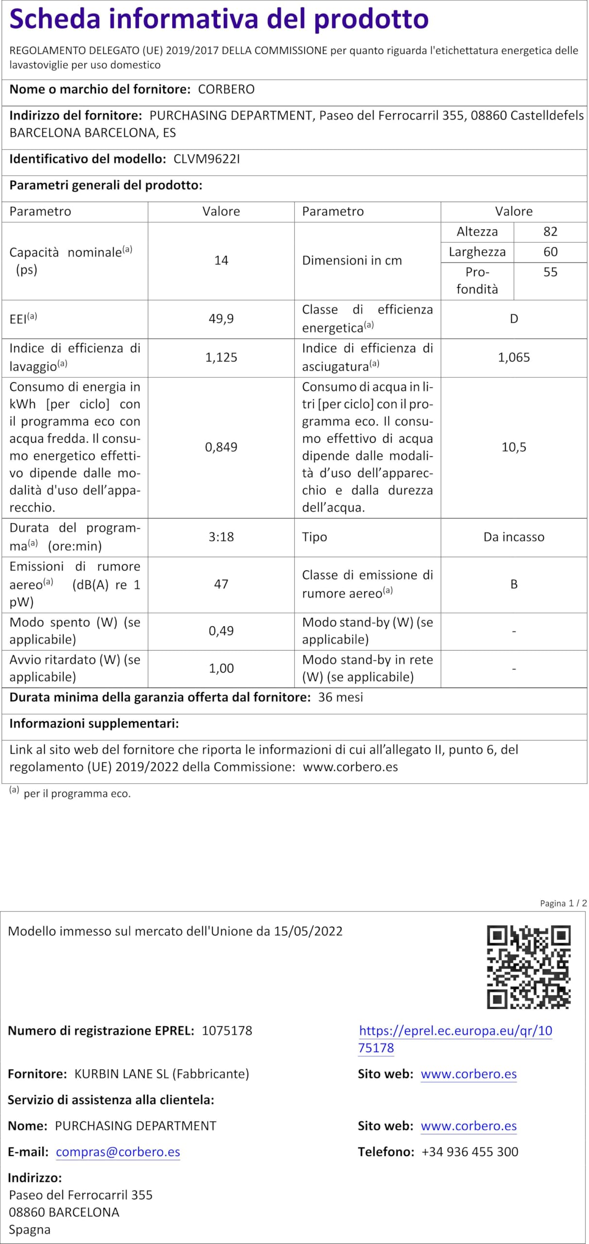 Corberó CLVM9622I Lavavajillas Integrables 14 Cubiertos, 8 Programas, 5 Temperaturas, Inverter, Inicio Diferido, Función Media Carga, 3ª Bandeja, Función Auto Lavado, Auto Door, 47 Db, E. Energética D