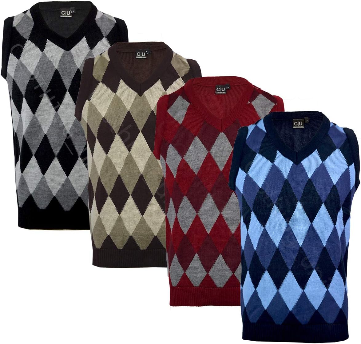Mens Argyle V Neck Sleeveless Sweater Jumper Tank Top Jersey Golf Casual S-XXL