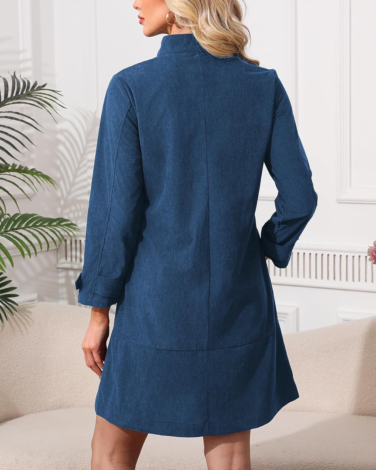 Women's Corduroy Dress 3/4 Sleeve V Neck Stand Collar Casual Vintage Fall Mini Shift Dress with Pocket - Image 6