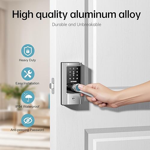 Miniatura 6 de Juego de manija de cerradura de puerta de entrada sin llave WiFi: NUTOMO cerradura inteligente plateada para puerta delantera, manija de puerta