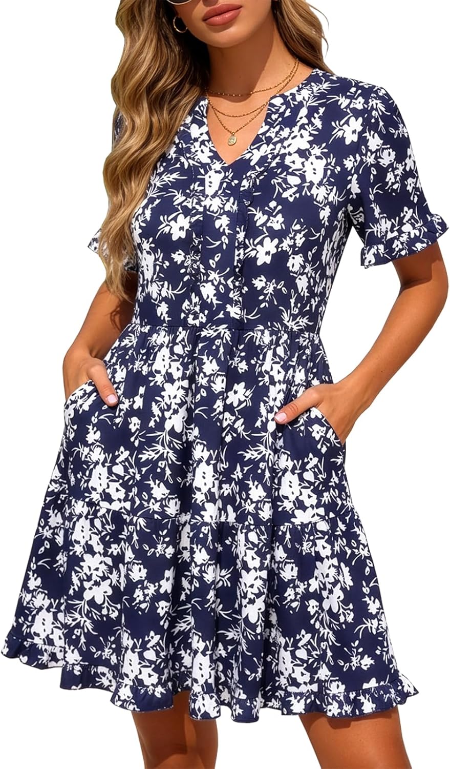 Berydress Womens Summer Dresses with Pockets 2026 Short Sleeve V Neck Casual Tiered Ruffle Babydoll Flowy Mini Sun Dress