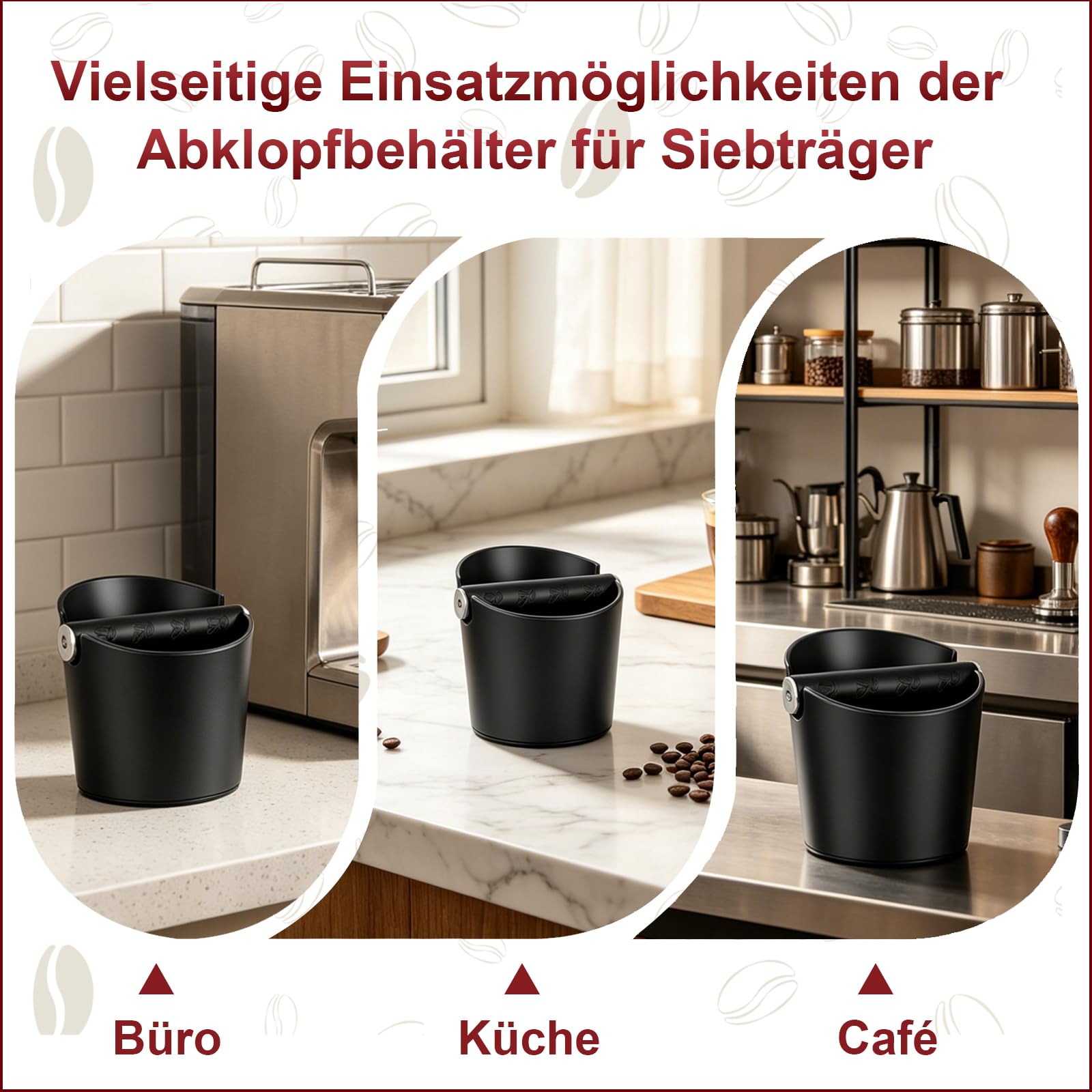 Abklopfbehälter für Siebträger Set, 6PCS Kaffeesatz Abschlagbehälter mit Tampermatte, Kaffeestampfer, Nadel, Reinigungsbürste, Tuch, Groß Knock Box mit Abnehmbarer Metall-Klopfstange Schwarz