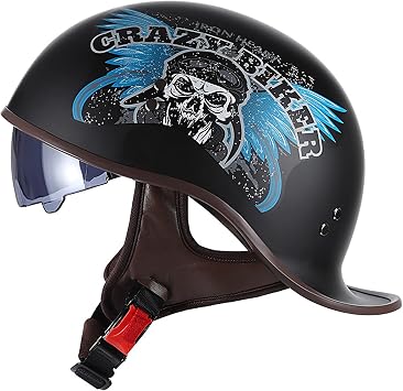 Adult Motorcycle Half Helmet DOT/ECE Approved Men Women German Style Half Face Helmet with UV Visor for Scooter Moped Cruiser Motorcycle Skull Cap Vintage Helmet-E||M