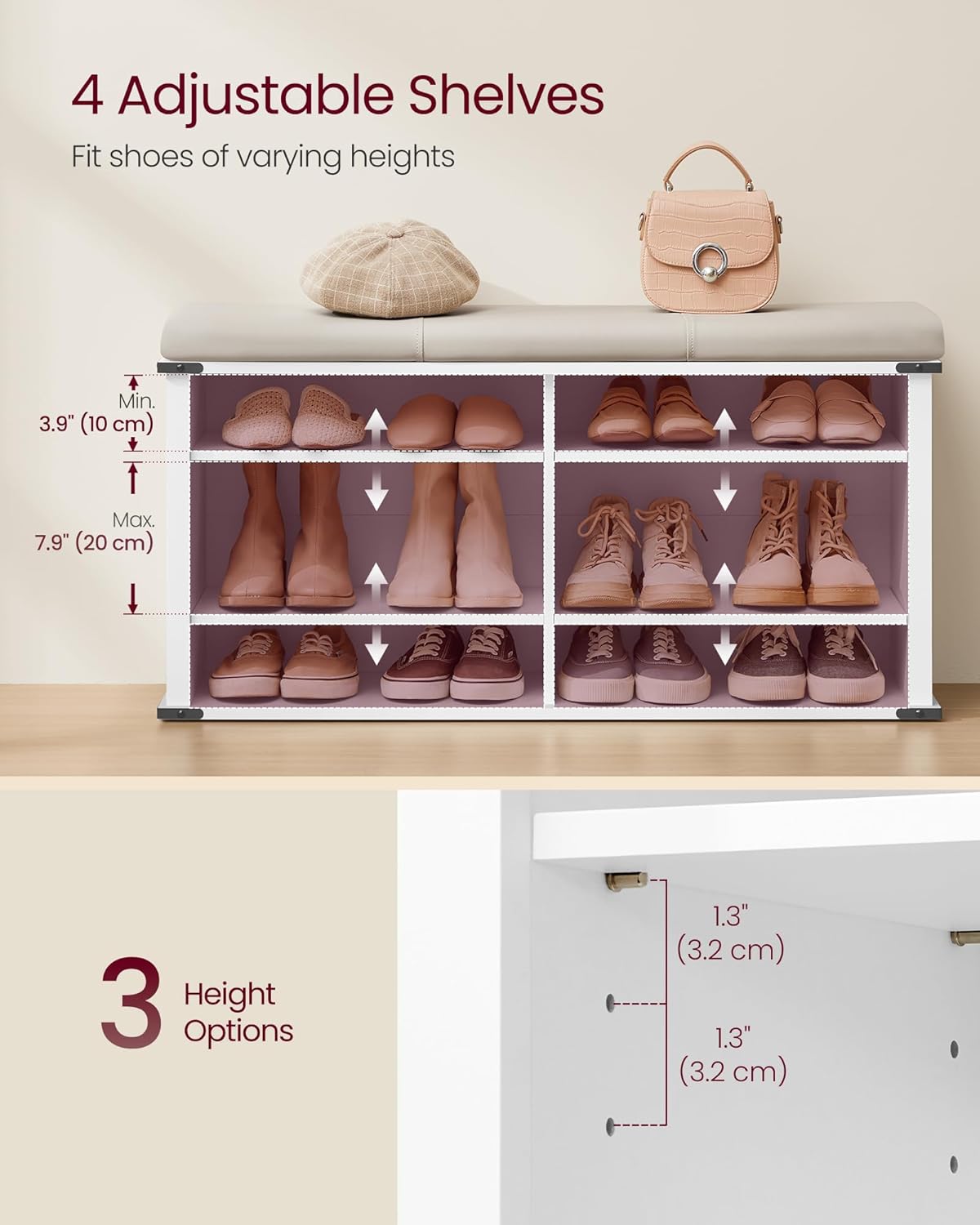 Diagram showing adjustable shelves with three height options