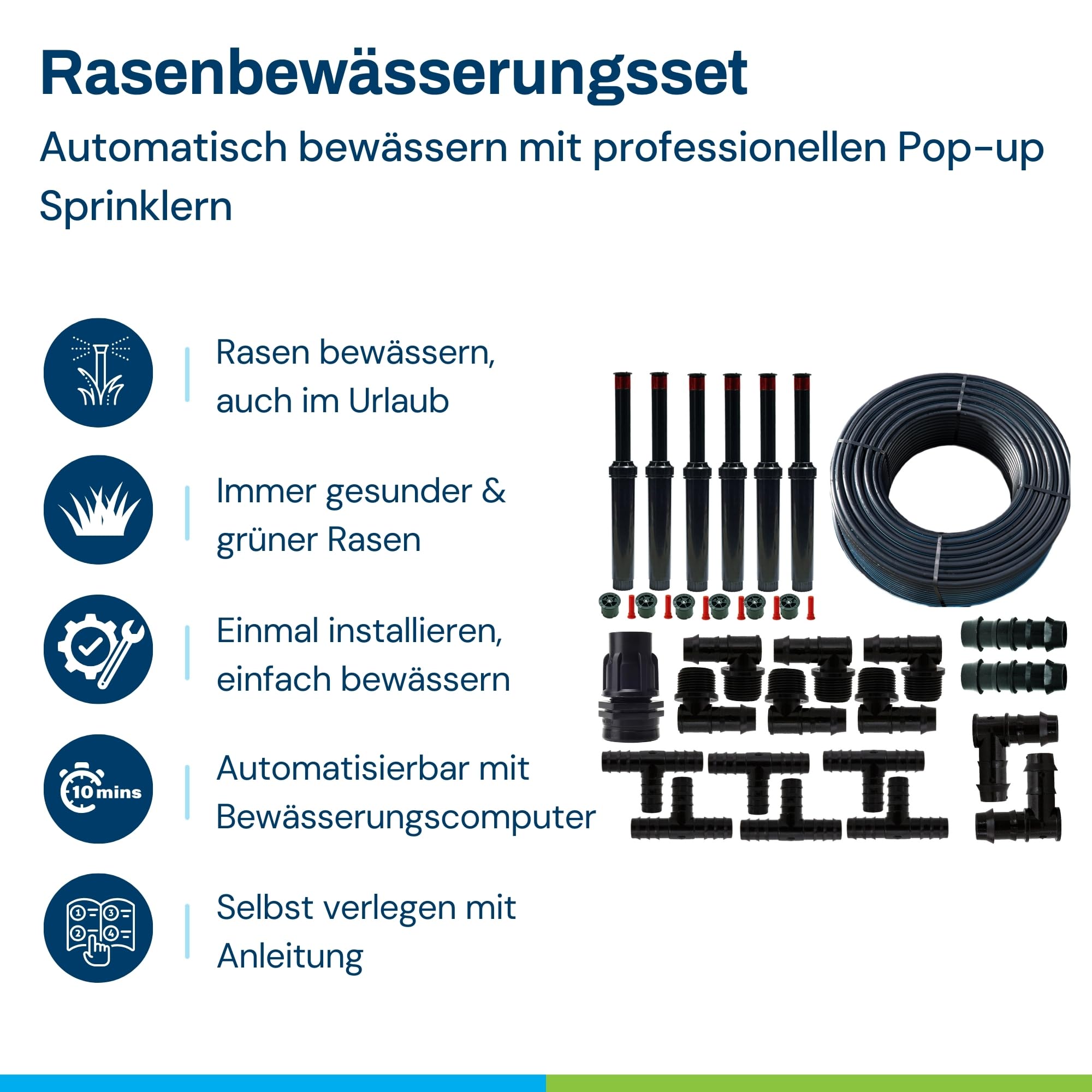 BluNature Pop-Up Bewässerungssprinkler für den Garten - Rasenbewässerung Sprinklersystem Kit - Pop-up Sprinkler mit Sprühköpfen Set für Rasenflächen bis zu 70m2