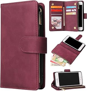 ZZXX iPhone SE 2022(2020)/iPhone 7/iPhone 8 Case Wallet With RFID Blocking Card Slot Soft PU Leather Zipper Flip Folio With Wrist Strap Kickstand Protective For iPhone 8 Wallet Case(Wine Red-4.7 inch)