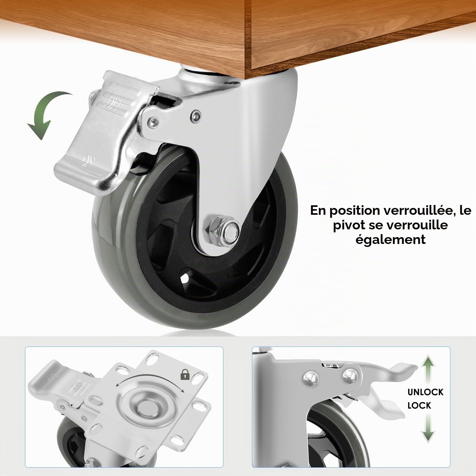 Roulettes Pivotantes 100 mm avec Frein, Lot de 4, Charge Lourde 600 kg | Caoutchouc Anti-Bruit, Parquet, Béton, Moquette, Rotation 360° Fluide, pour Meubles, Ateliers, Chariots Industriels, Gris