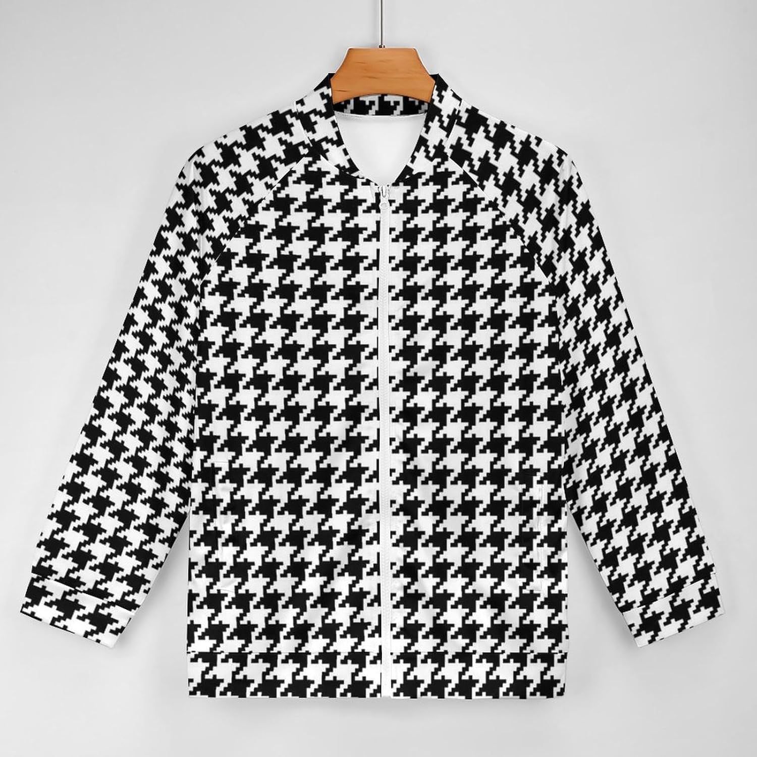 Houndstooth Black Brown Mens Jackets Zip Up Coat with Pockets Casual Crew Neck Long Sleeve Jacket