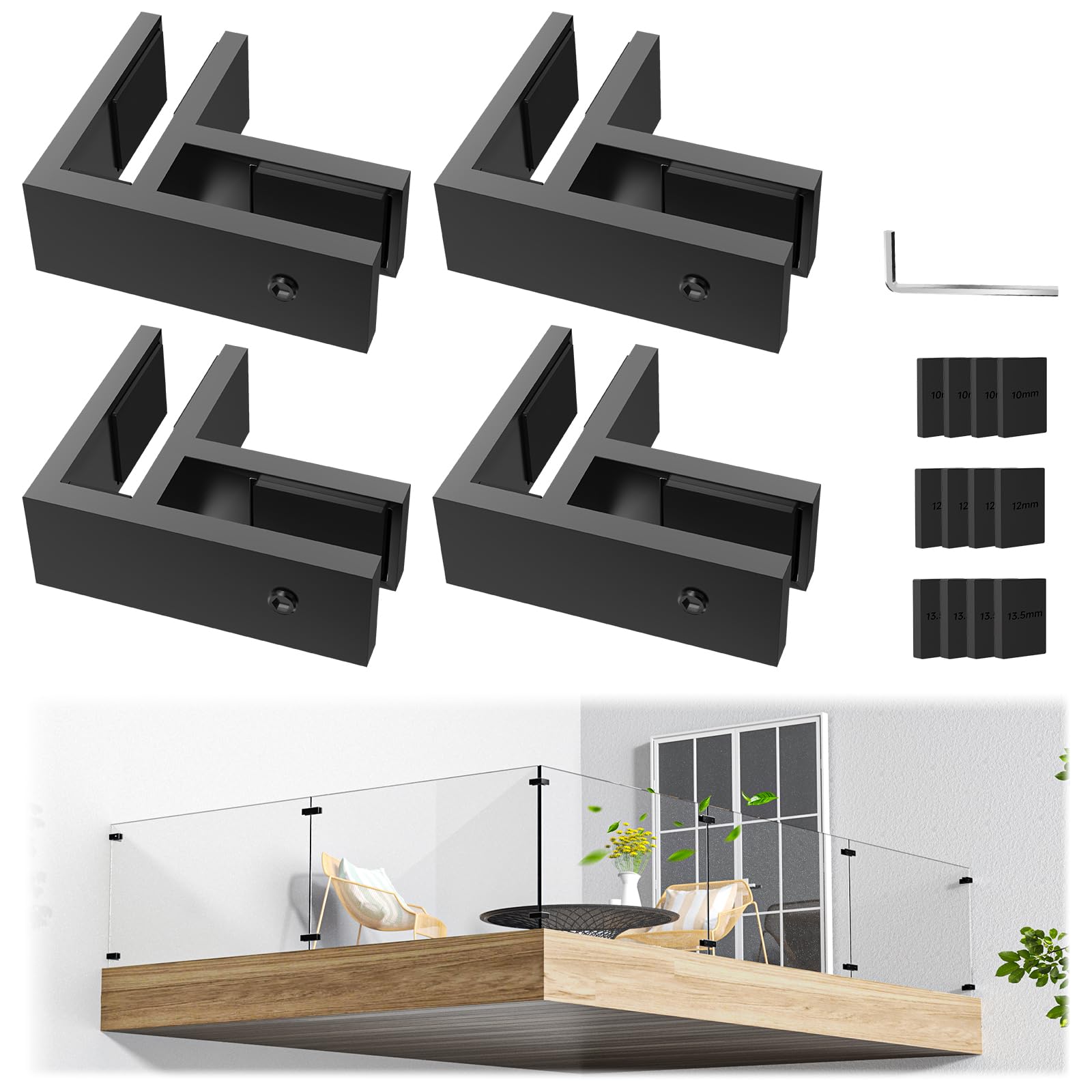 4 Pack Black 90 Degree Railing Glass to Glass Clamp No Drilled Required, T304 Railing Clip Fit for 3/8"-1/2"(10mm-13mm) Thinkness Balustrade, Double Sided Bracket Holder for Fence, Balcony Deck