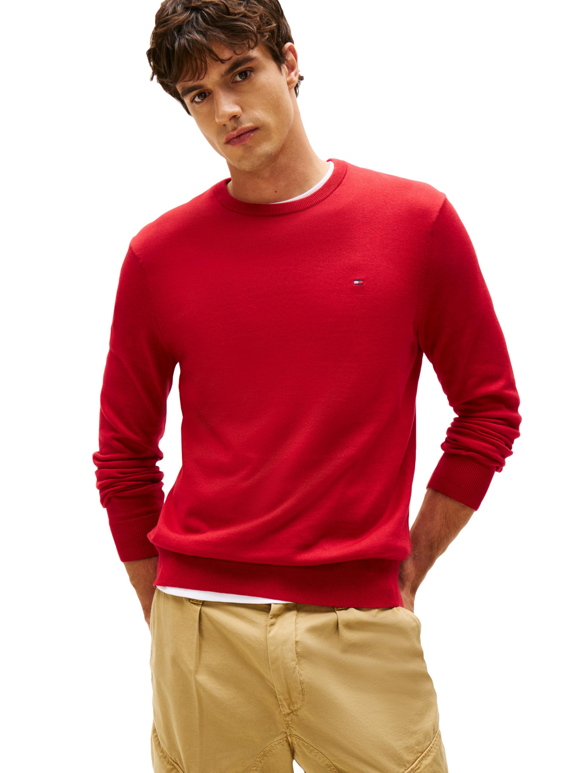 Tommy Hilfiger Herren-Pullover aus Baumwolle, einfarbig, Rundhalsausschnitt, leicht, auch erhältlich in Big & Tall, Mittelrot, XX-Large