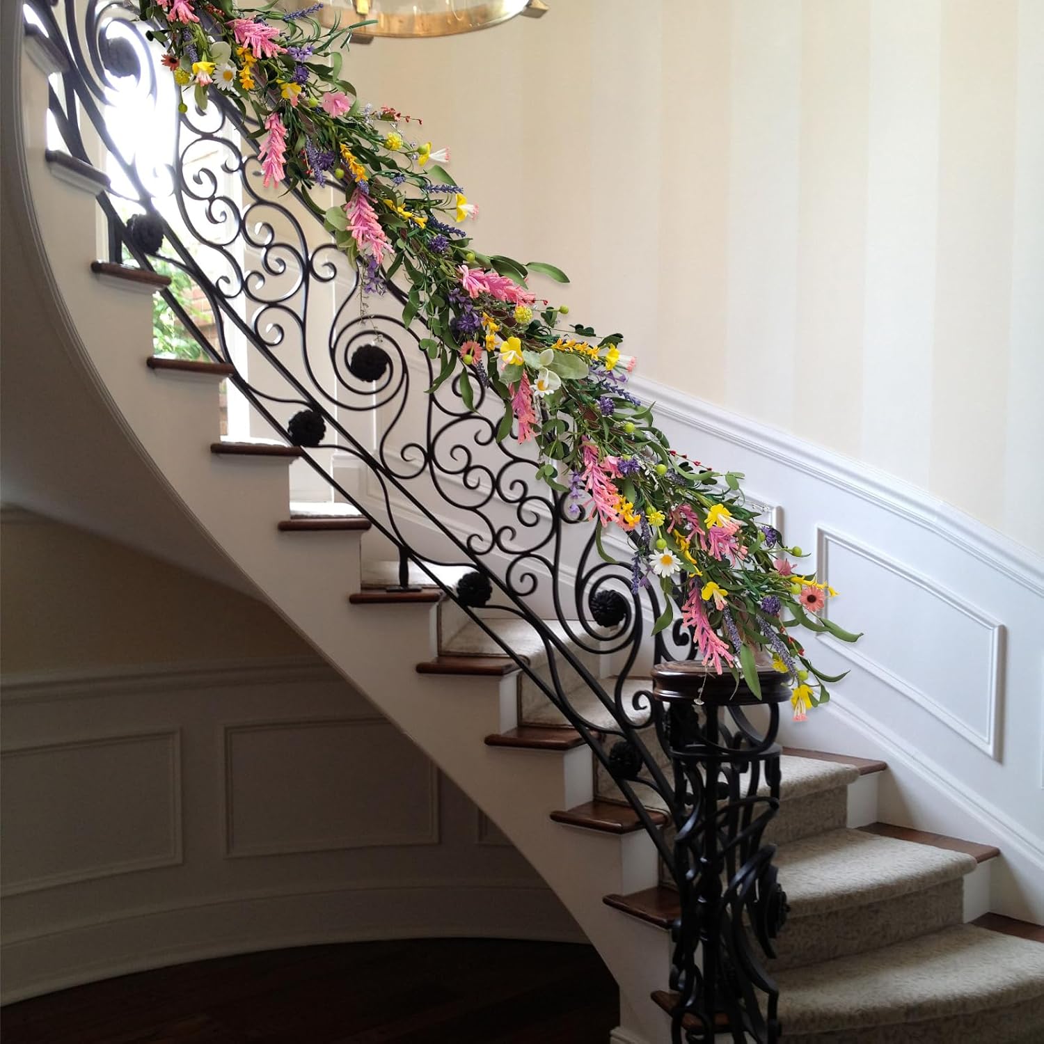 Bibelot70inch Spring/Summer Garland with Flowers, Artificial Fake Flower Greenery Garland with Daisies, Lavender for Baby Shower Wedding Mantle Party Table Centerpiece All Season Decor