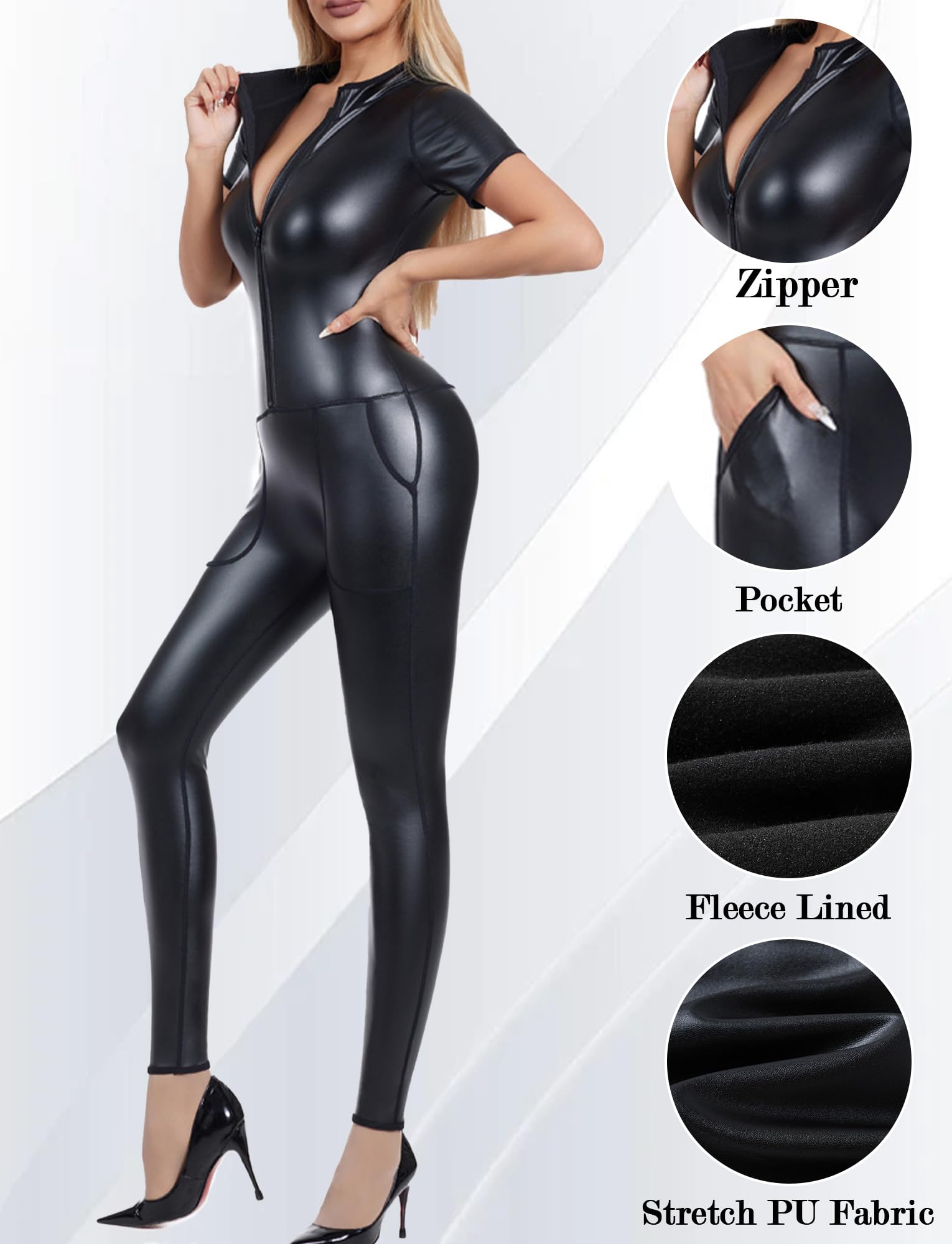 FEOYA Combinaison pour femme - Combinaison intégrale - Col en U - Vêtement de sport sexy - Aspect mouillé - En cuir - Avec fermeture éclair et poche