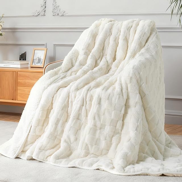 Kivik Blankets pondérés double face pour les adultes, Boutterie doux élégant à carreaux lourds pour canapé-lit - Le tissu ultra-flufty apporte un confort comme le nuage (48"x72", Beige, 15 Livre)