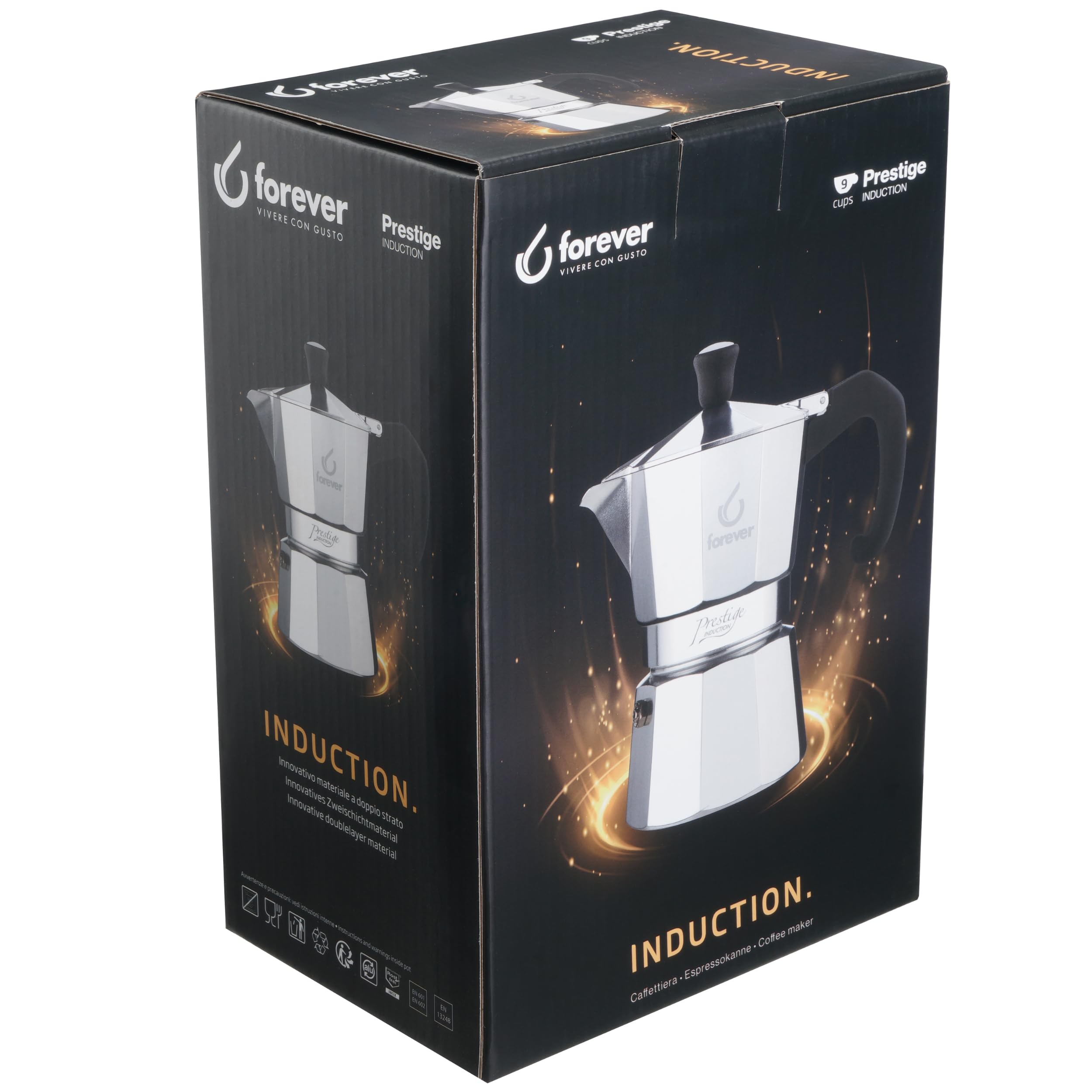 FOREVER Espressokocher für Induktion, Miss Moka Prestige Induction, Espressokocher für Zuhause, tragbare Kaffeemaschine für Reisen, inklusive Silikondichtung (9 Tassen)