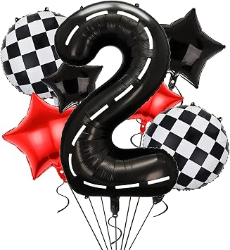 Race Car 2nd Birthday Party Balloons,40 Inch Big Foil Racetrack Number Balloon 2 Black for Boys Two Fast Decorations,Car Theme Party Supplies 9 Pcs