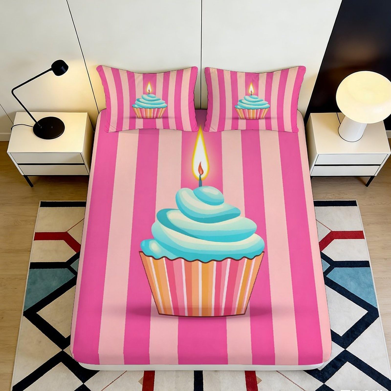 3D Printed Pink Cupcake Fitted Sheet Microfiber Soft Stripe Birthday Candle Bed Cover for Bedroom Guest Room Dorm Easy Care 90x200x25cm
