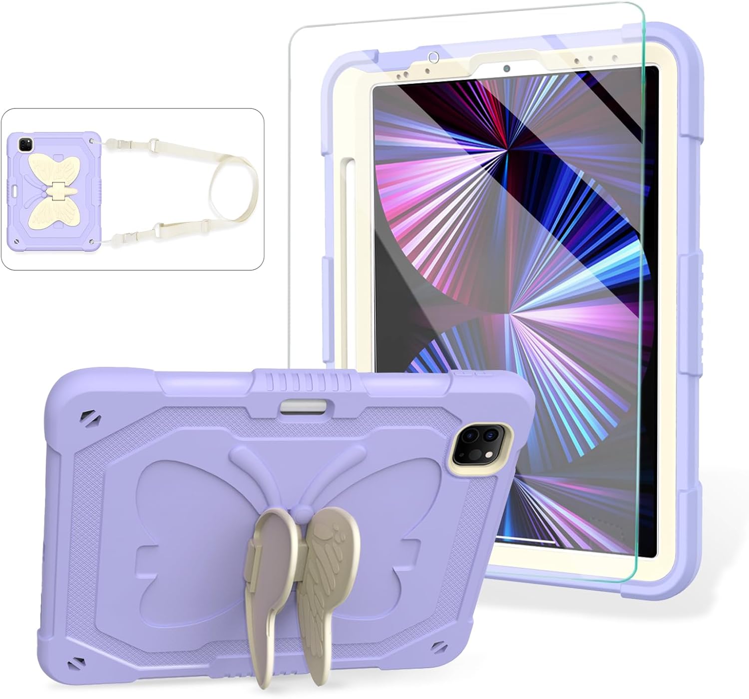 ACEMO for iPad Air 5th Generation Case iPad Pro 11 inch Case 4th 3rd for Kids Girls with Screen Protector, Butterfly Kickstand, Shoulder Strap, Pencil Holder Cover for iPad Air 4th Gen 10.9'' Purple