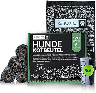 Rescute Hundekotbeutel Biologisch Abbaubar | 120 zertifizierte Kotbeutel für Hunde | Kompostierbar & Biologisch Abbaubar | Extra Starke & Reißfeste Hundebeutel | Hergestellt mit Maisstärke | 8 Rollen product image