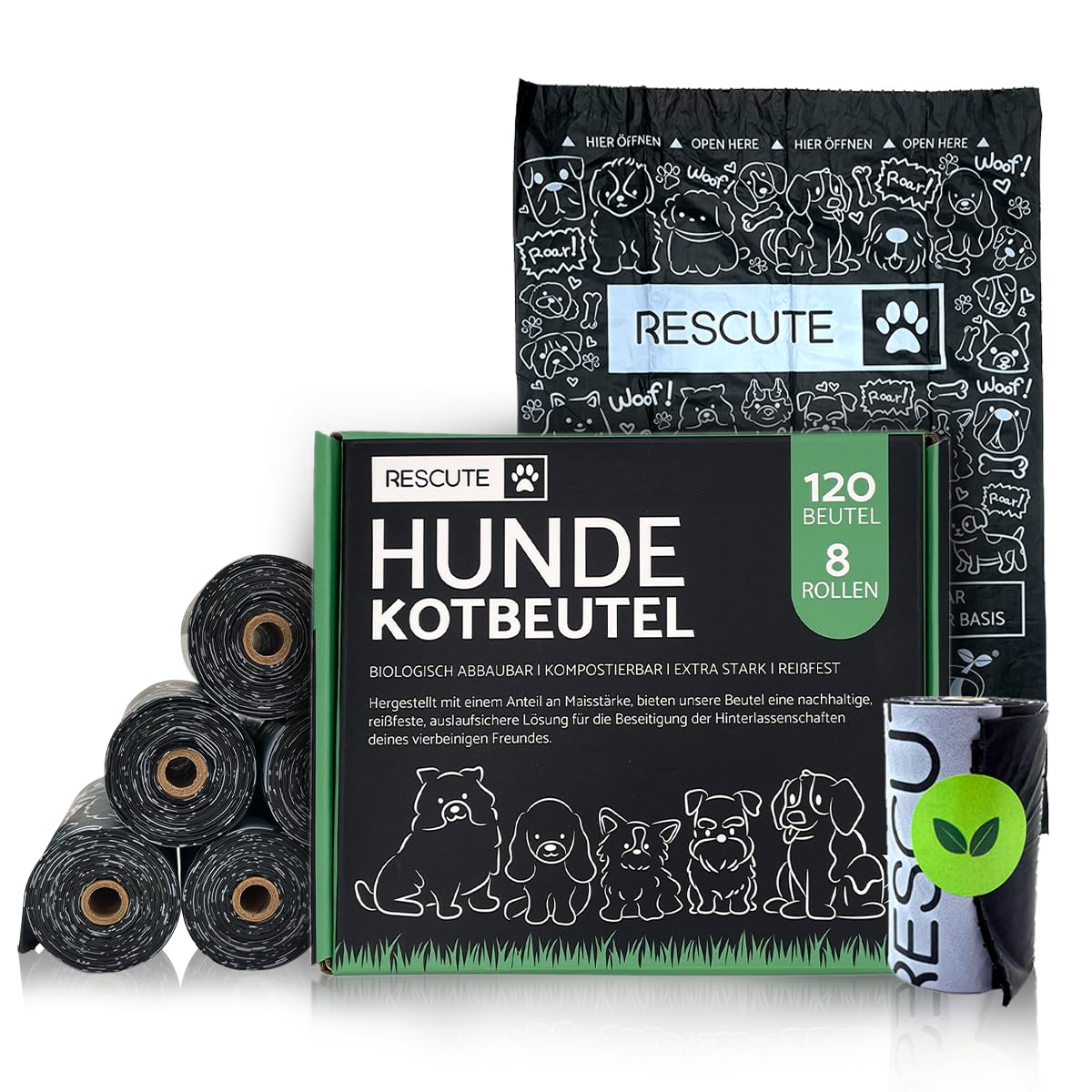 Rescute Hundekotbeutel Biologisch Abbaubar & Kompostierbar | 120 Extra Starke & Reißfeste Hundebeutel | Hergestellt mit Maisstärke | Öko Kotbeutel für Hunde | 8 Rollen
