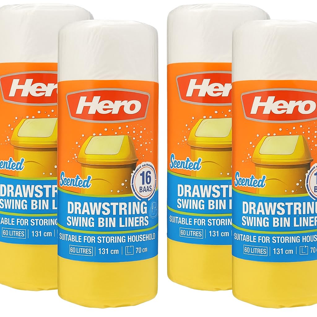 Hero White Swing Scented Drawstring Bin Bags 60L | Eco-Friendly Rubbish Bags | Strong Interleaved, Tear-Resistant & Odour-Controlled | Fresh Fragrance Kitchen Bin Liners (4)