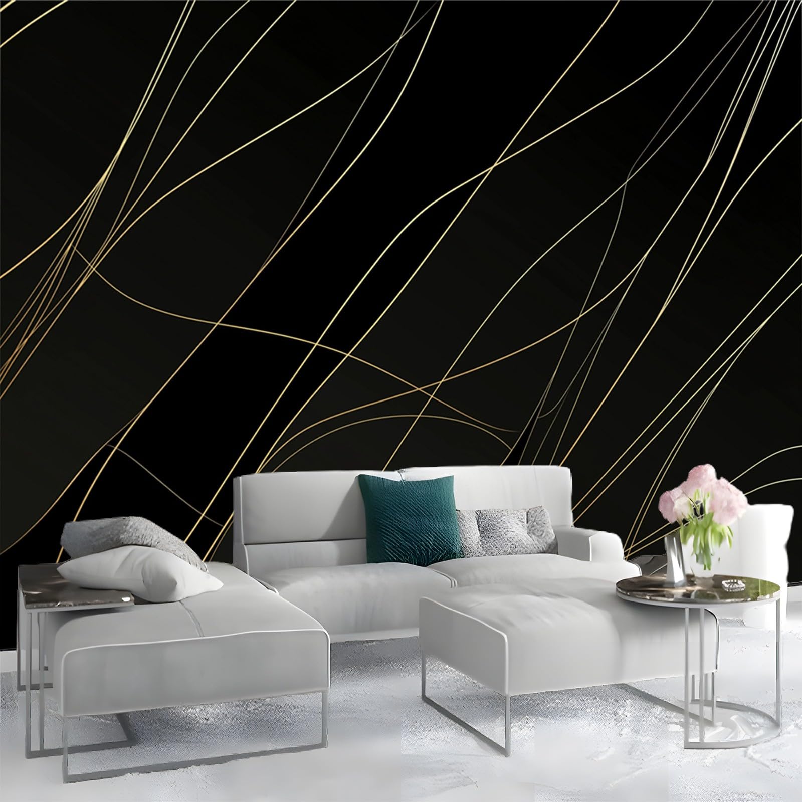 Fototapeta 350 x 256 cm, złote linie, geometryczny efekt 3D, wysokiej jakości XXL, nowoczesna dekoracja ścienna, tapeta, czarna tapeta z włókniny, do salonu, sypialni, biura